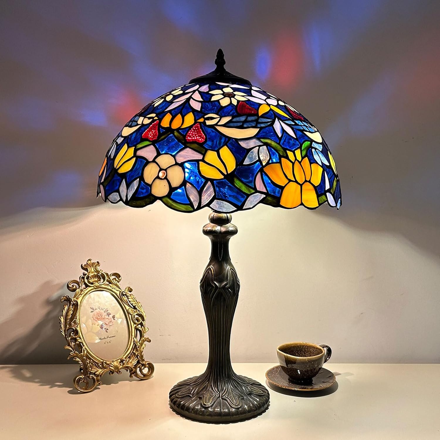 Tiffany Lamp Shade Replacement Only 16 Inch Stained Glass Bird Lampshades, Vintage Blue Beige Yellow Flower Light Cover for Table Lamp Floor Lamp Hanging Pendant lamp Ceiling Light