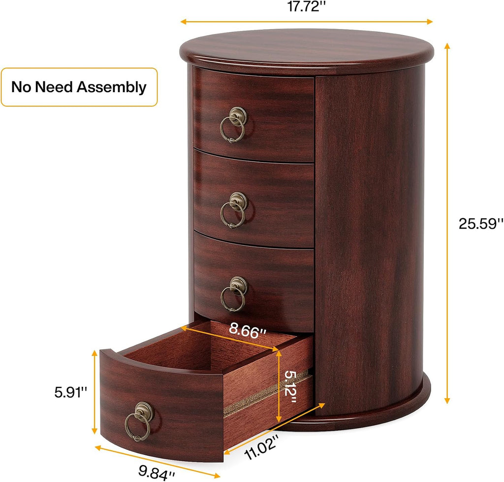 Tribesigns Solid Wood End Table, Round Side Table with 4 Drawers, Vintage Bedside Table Nightstand for Small Spaces, Living Room, Bedroom, No Assembly Required (1, Cherry Brown)