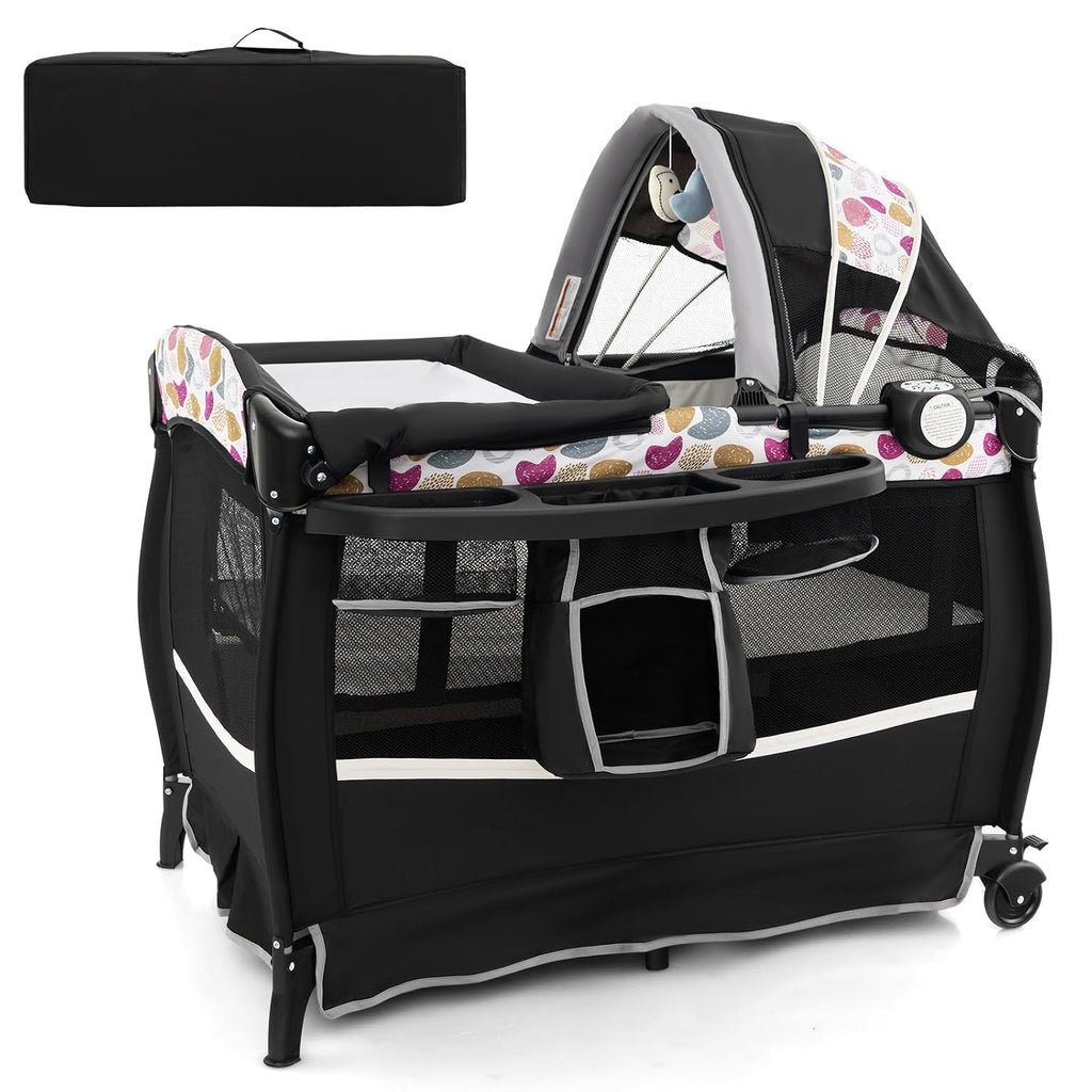 HONEY JOY Pack and Play, 4 in 1 Portable Baby Crib Playpen w/Bassinet, Changing Table, Canopy, Mattress, Music Box, Storage Bag, Foldable Pack n Play Nursery Center for Infant Boys Girls(Yellow)