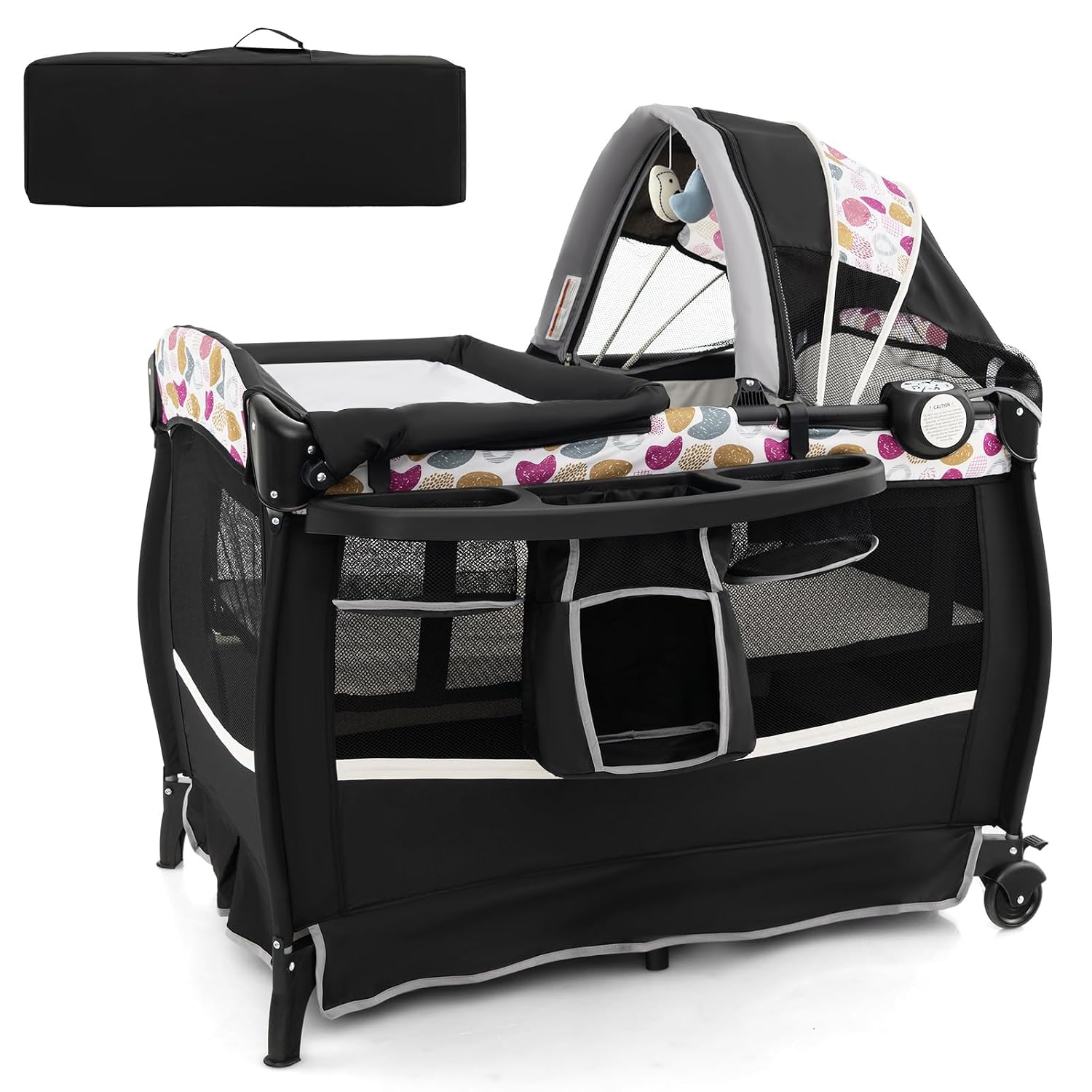 HONEY JOY Pack and Play, 4 in 1 Portable Baby Crib Playpen w/Bassinet, Changing Table, Canopy, Mattress, Music Box, Storage Bag, Foldable Pack n Play Nursery Center for Infant Boys Girls(Yellow)