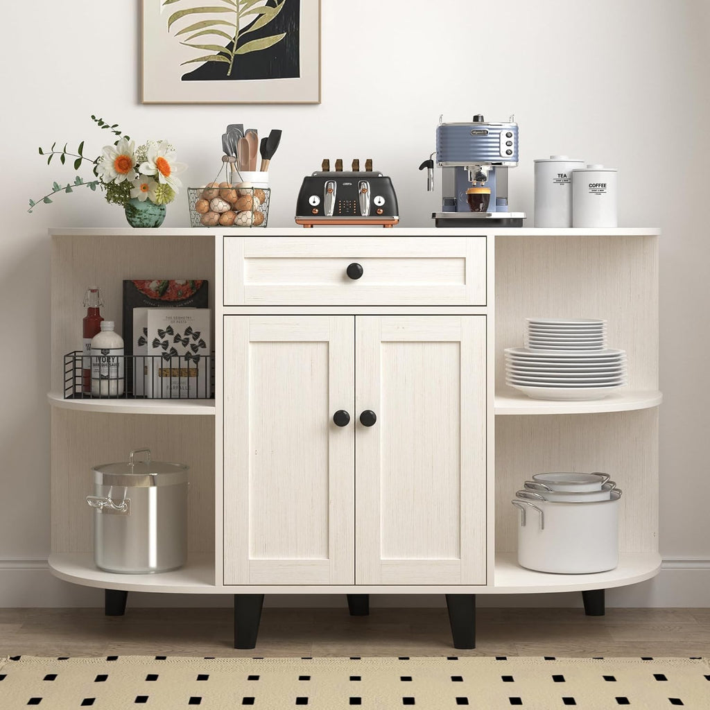 52' Sideboard Buffet Cabinet with Power Outlet,Coffee Bar Cabinet with Storage, 3 AC Outlets & 2 USB Ports,Kitchen Storage Cabinet with Drawer and Doors for Dining Room,(White)