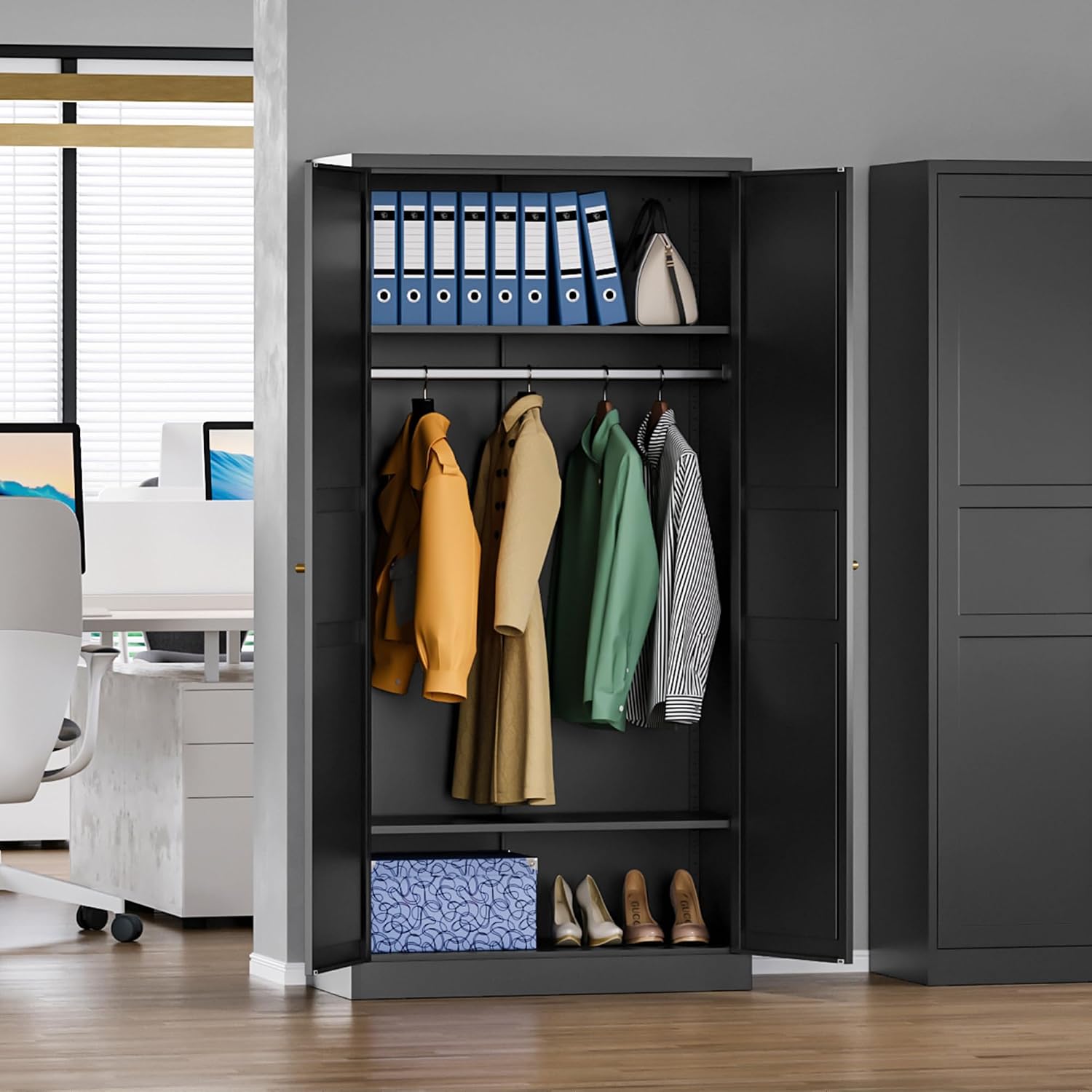 MIIIKO Wardrobe Closet with 2 Doors, 72' Metal Wardrobe Cabinet with Hanging Rod, Bedroom Armoires Laundry Room and Office Clothes Storage Organizer Cabinets Black