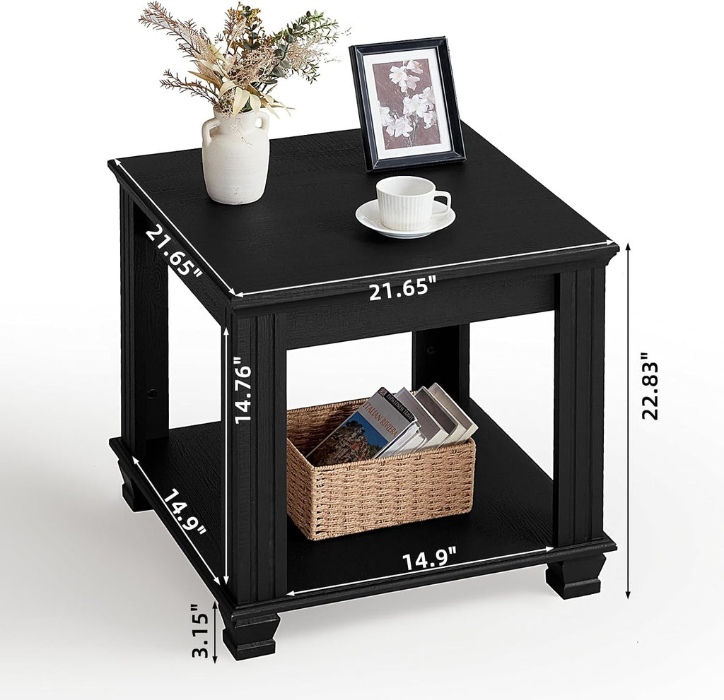 SAVOR LIFE Farmhouse End Table Set of 2,Large Side Table with 2-Tier Storage Shelf,Rustic Wood End Tables for Living Room,Square Tea Table, Black