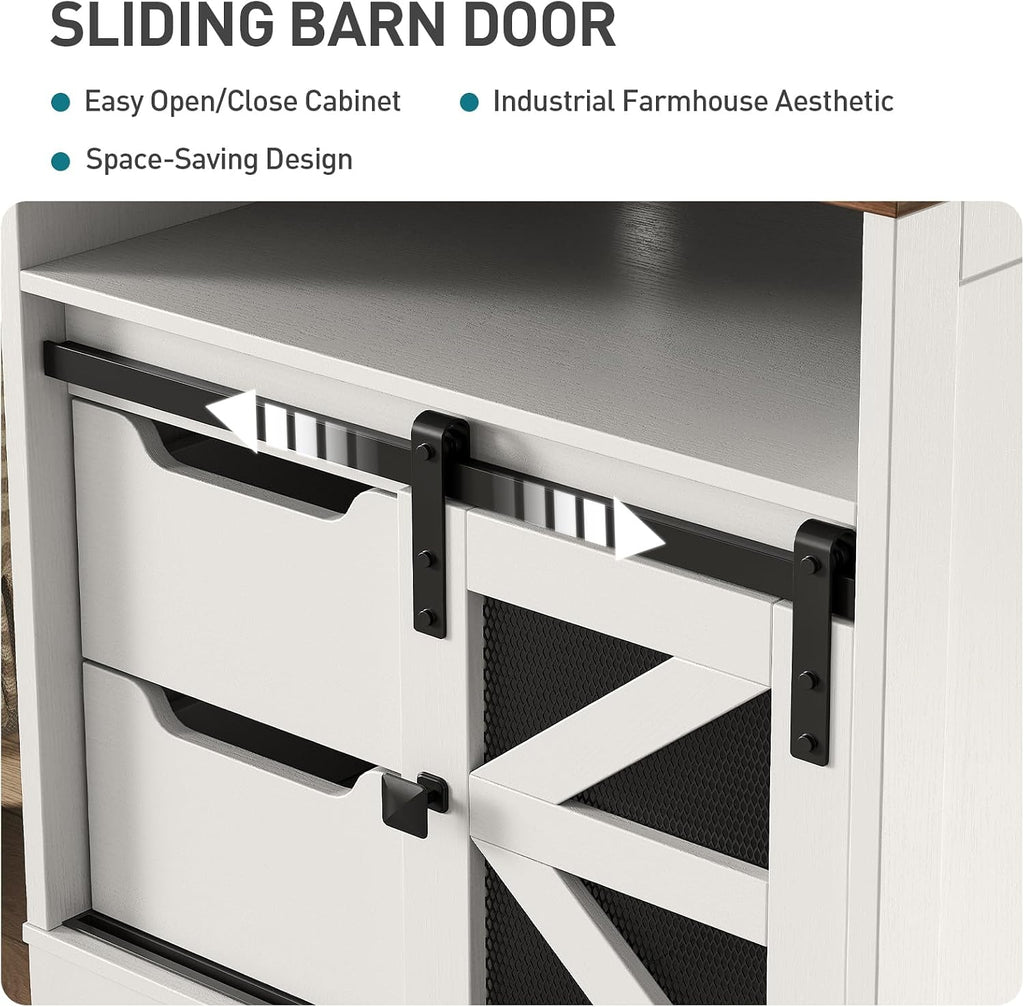 RALGEND Farmhouse End Table with Charging Station, Sofa Side Table with 2 Drawers and Barn Door, Rustic Wooden Nightstand Bedside Table for Bedroom, Living Room,White and Walnut