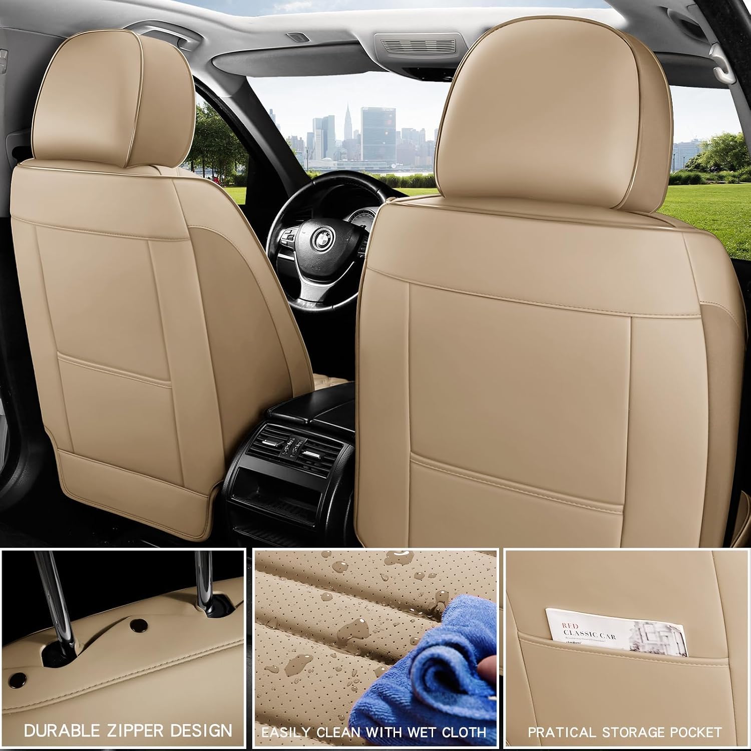MINGBRON Car Seat Covers,Car Seat Protector Waterproof,Seat Covers Full Set, Car Seat Protectors,Automotive Seat Covers Fit for Most Cars Beige