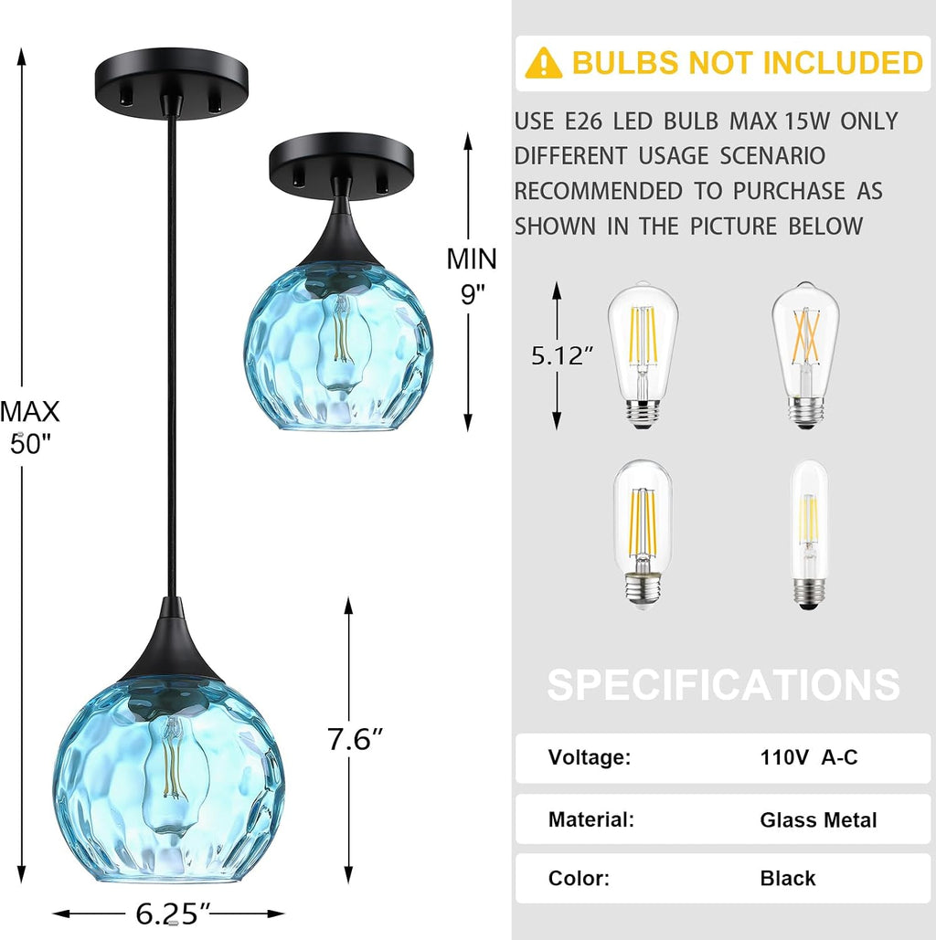 6.3' Blue Texture Glass Pendant Light 3 Pack Pendant Ceiling Light Fixture Black Finish Modern Farmhouse Dinning Over Sink Adjustable Height Cord