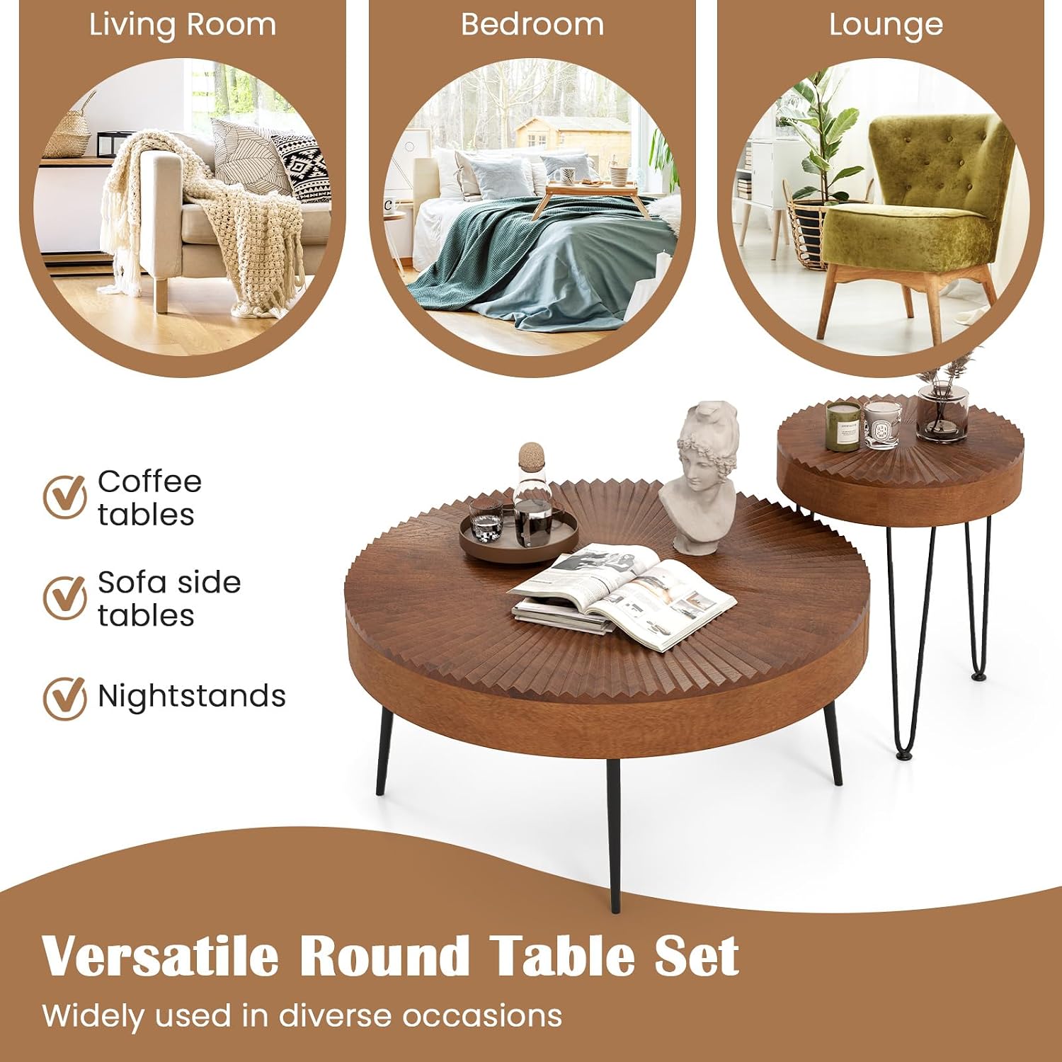 COSTWAY Farmhouse Round Coffee Table Set of 2, Rustic Sofa Side Tea Tables w/Wood Finish, Metal Frame, Adjustable Foot Pads, Nesting End Table Set for Living Room, Bedroom (Radial Pattern, Brown)