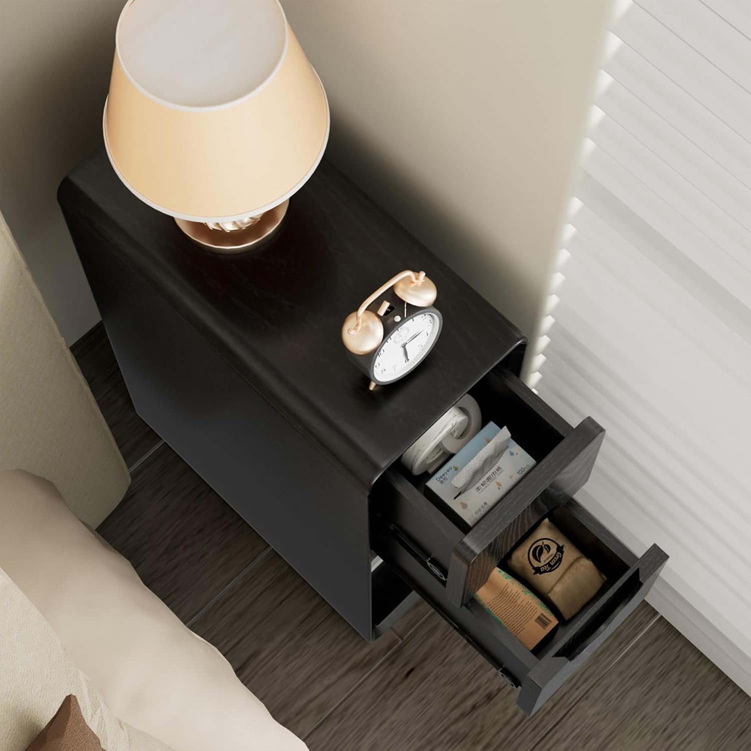 Black Small Nightstand Set of 2, Narrow Bedside Table with Circular Drawer, Skinny Side End Table, Wood Nightstand, Mid Century Modern Night Stand for Bedroom, Small Spaces, Slim, Wooden