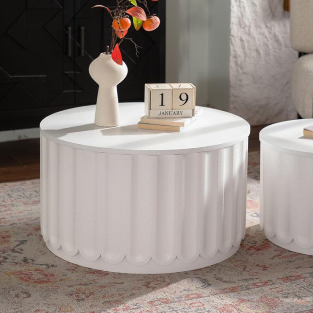 WILLIAMSPACE 46.46' White Round Nesting Coffee Table Set of 2 with Storage & Lift-Off Lid, Modern Circle Drum Center Tables Curved-Edge Shape Tea Table for Living Room, No Assembly (White)