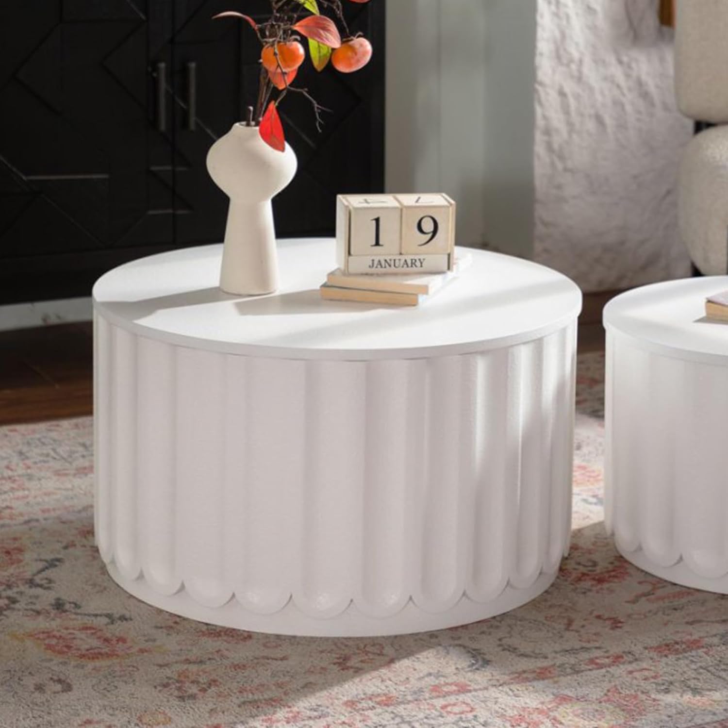 WILLIAMSPACE 46.46' White Round Nesting Coffee Table Set of 2 with Storage & Lift-Off Lid, Modern Circle Drum Center Tables Curved-Edge Shape Tea Table for Living Room, No Assembly (White)
