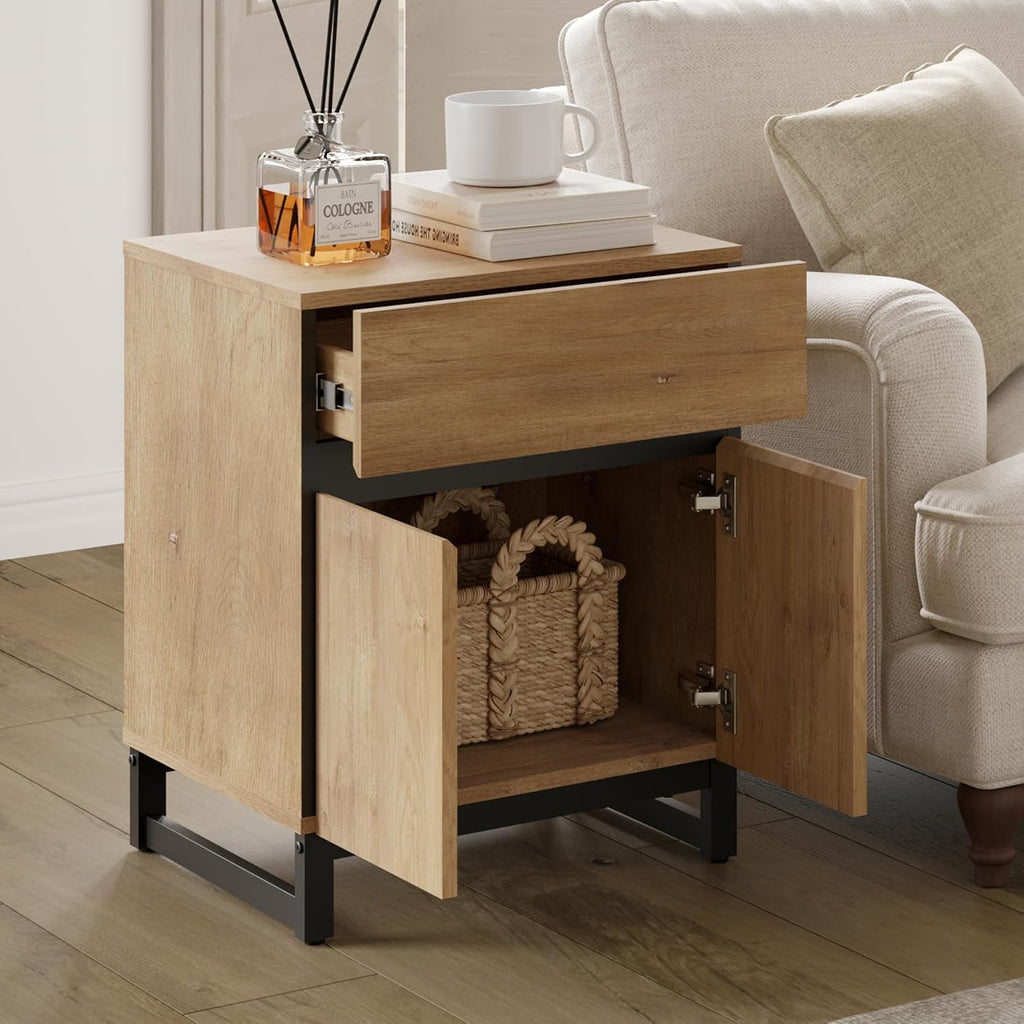 WAMPAT 2 Pack Modern End Table with 1 Drawer & 1 Storage Cabinet, Farmhouse Sofa Side Table, Wood Rustic Nightstand for Living Room and Bedroom, Oak, 18.9''L x 15.5''W x 23.6''H