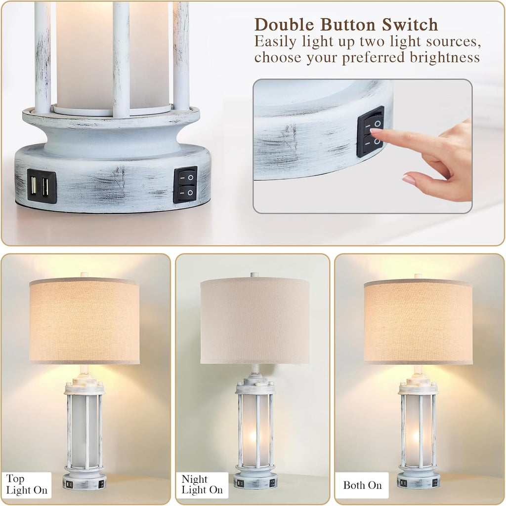 AIEAMPDO 25' Rustic Table Lamps Set of 2, Vintage Nightstand Lamps with 2 USB Ports, Farmhouse Antique White Desk Lamp with Glass Night Light for Living Room Bedroom Dorms, 4 Bulbs Included