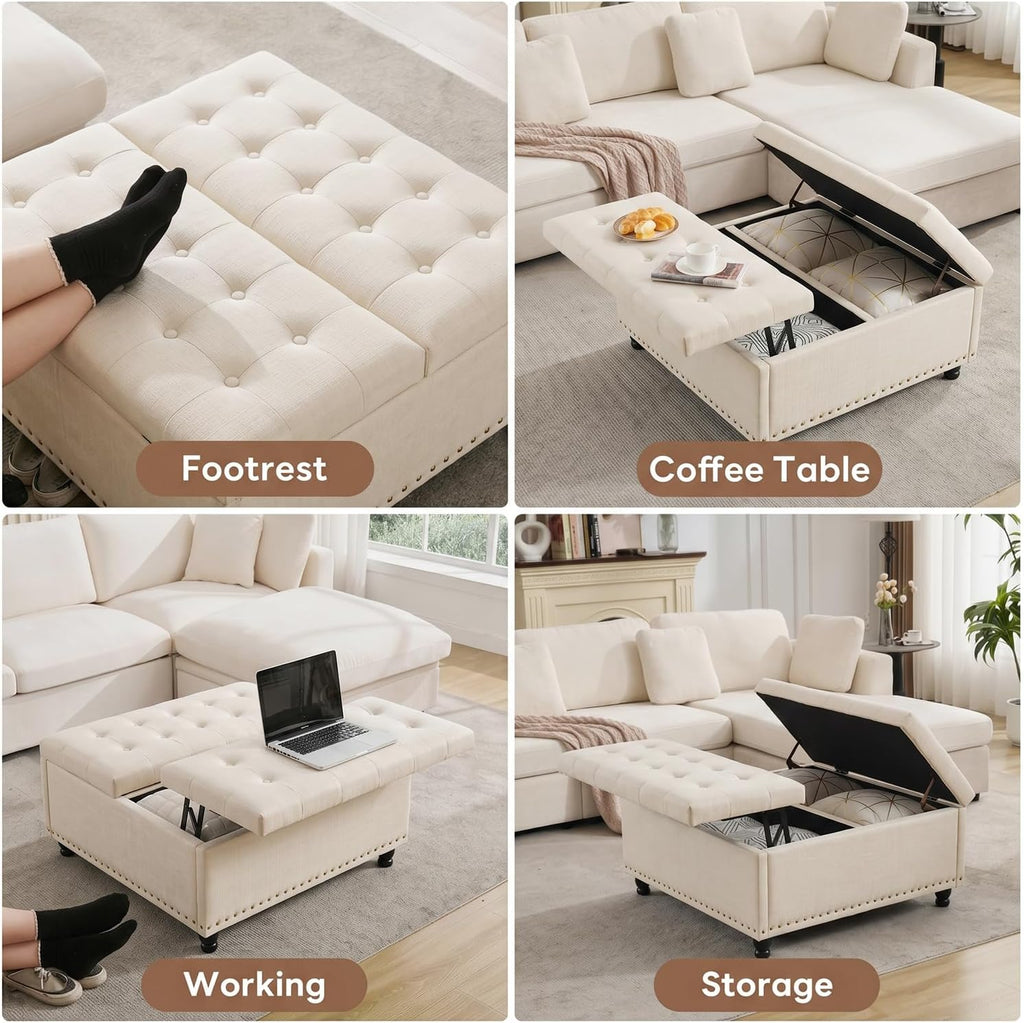 Tbfit Large Square Storage Ottoman Bench, Tufted Upholstered Coffee Table Ottoman with Lift Top & Wooden Legs, Oversized Storage Ottomans Toy Box for Living Room (Beige Velvet)