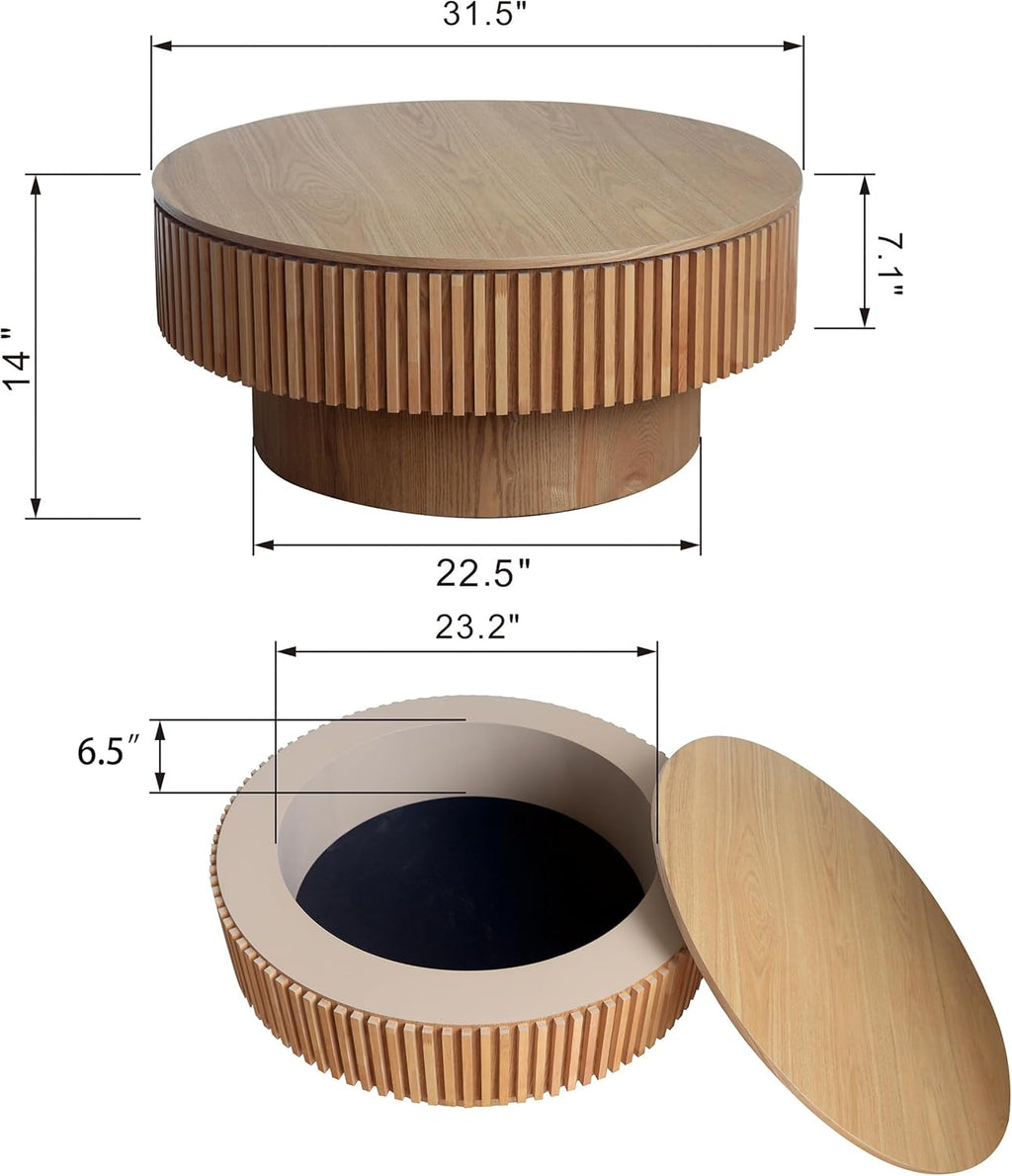 Round Coffee Table with Storage, Modern Handcraft Drum Coffee Table Wood Circle Center Table for Living Room Apartment, 31.49' Oak