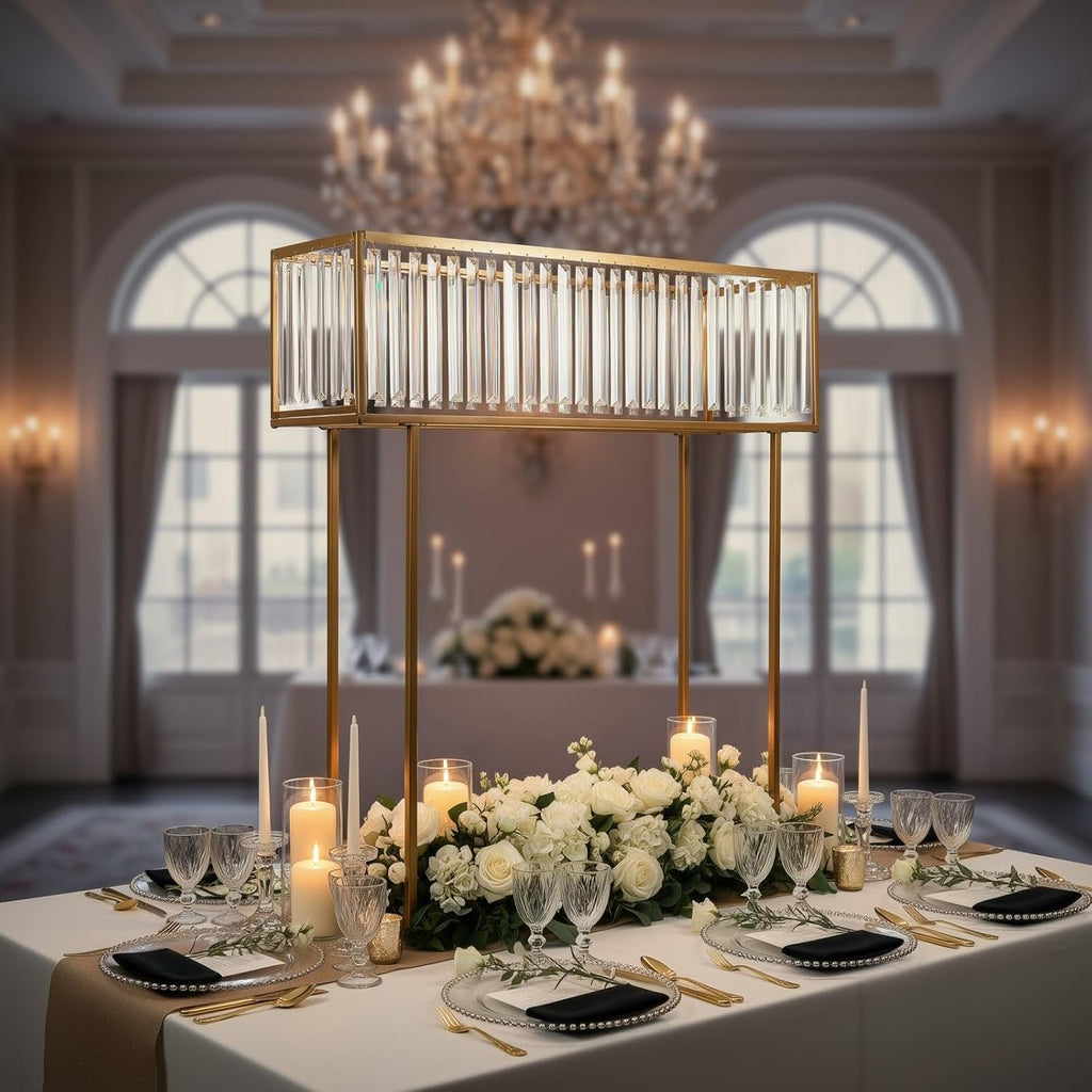 Efavormart 48' Tall Crystal Pendant Flower Stand, Gold Metal Rectangular Centerpiece Vase – Premium Floor Display Rack for Wedding Decor