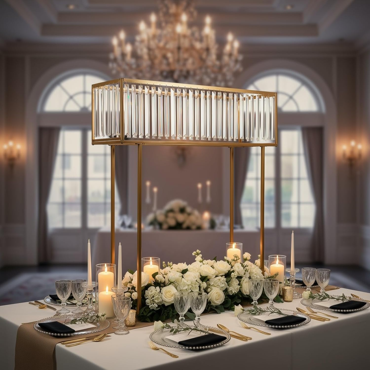 Efavormart 48' Tall Crystal Pendant Flower Stand, Gold Metal Rectangular Centerpiece Vase – Premium Floor Display Rack for Wedding Decor