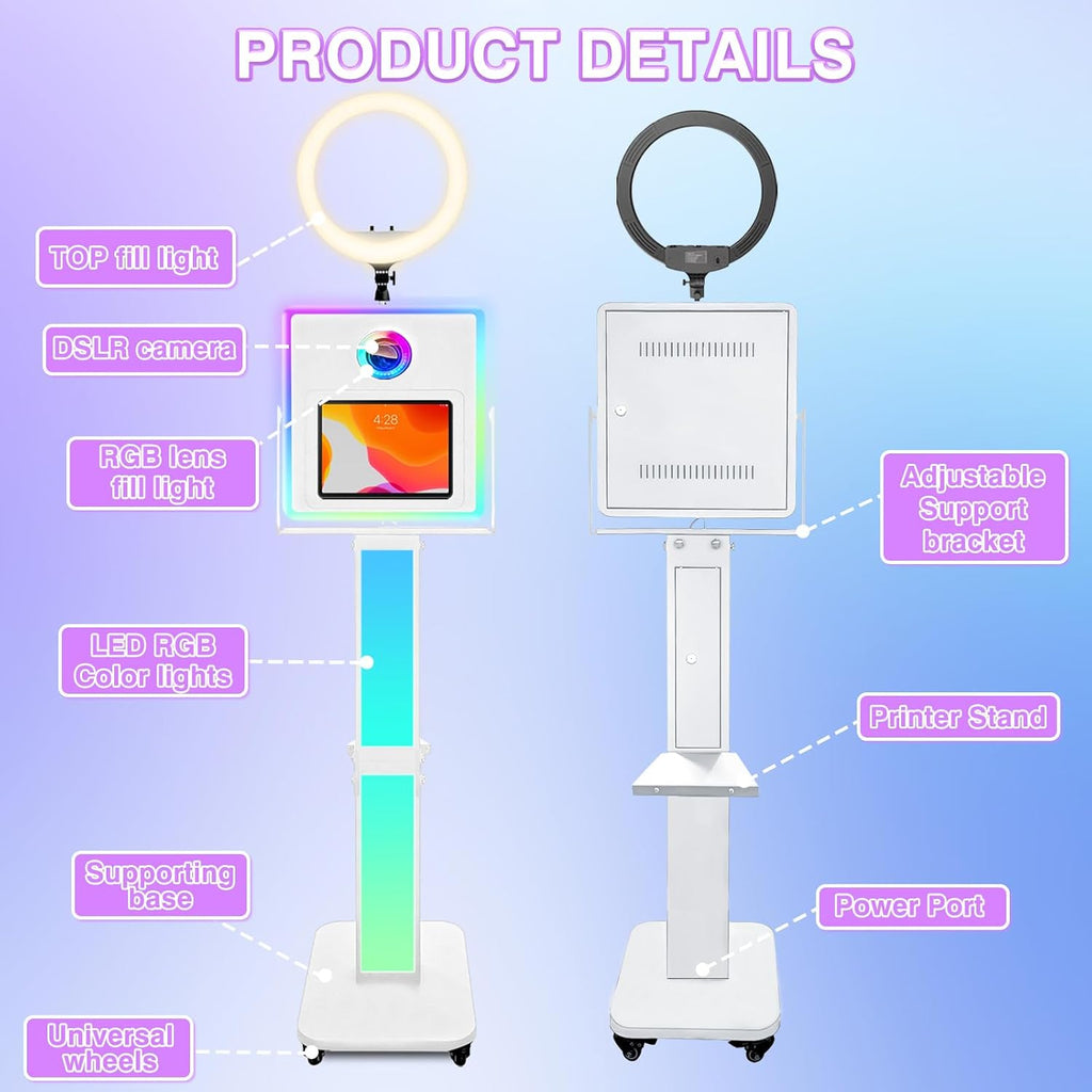 RDYMONKEY Photo Booth for All iPad and for Camera Dualuse Customized Logo Selfie Station Shell Stand APP Control RGB Ring Light Music Sync Light Box Photobooth Machine with Honeycomb Box for Rental