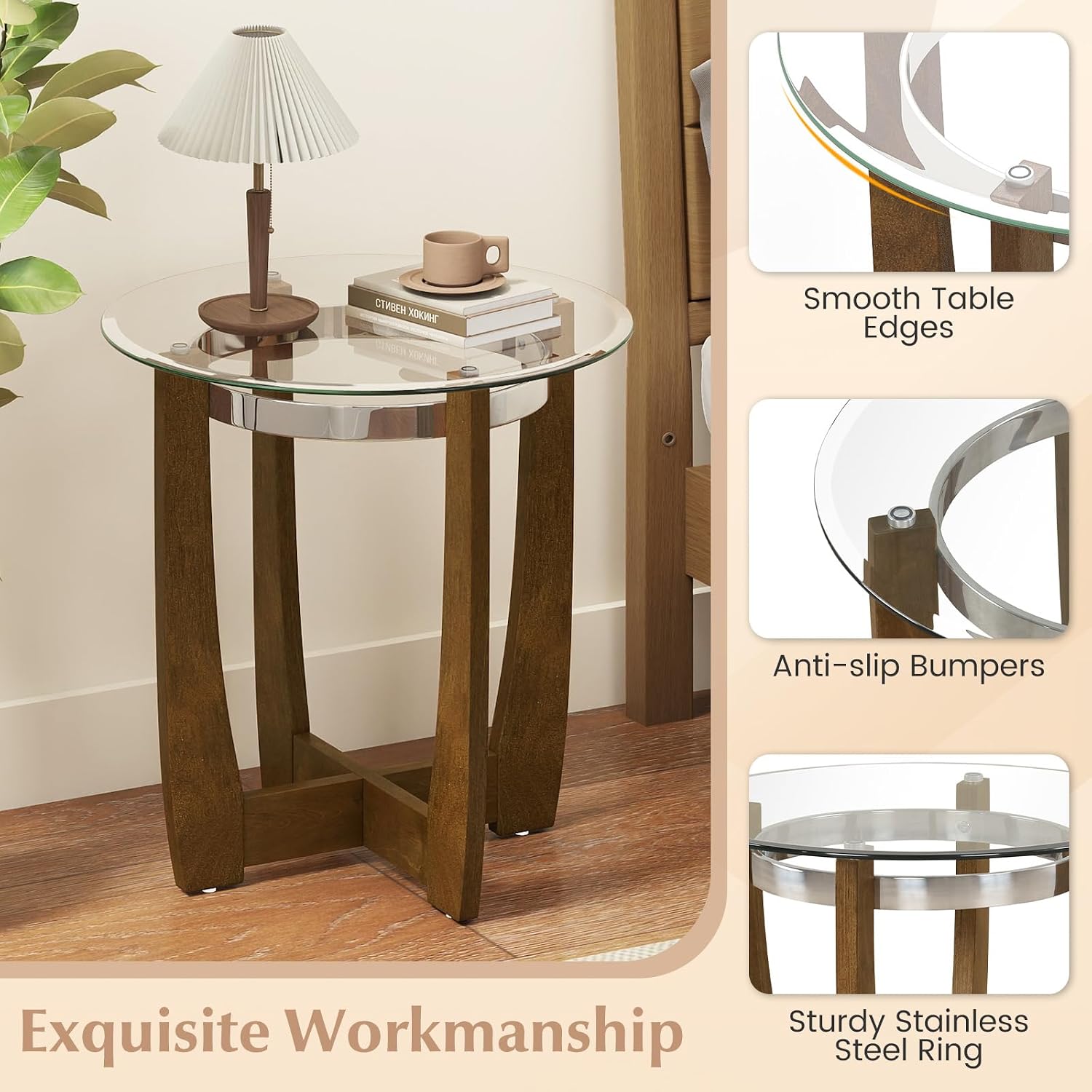 Giantex Round Glass End Table Set of 2, 24'' Side Table with Tempered Glass Top, Nightstands with Cross & Solid Rubber Wood Base, Compact Bedside Night Stand for Bedroom Office Living Room (2, Walnut)