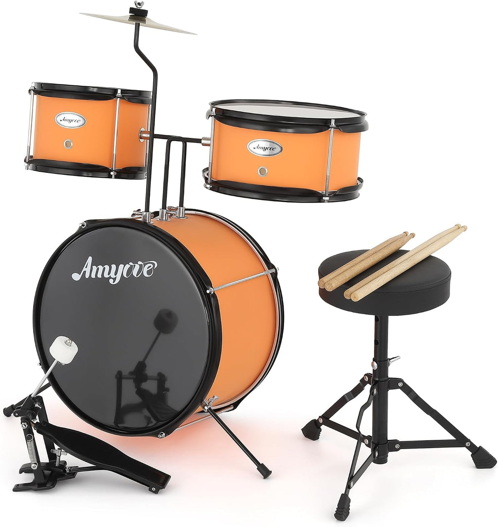 3-Piece Beginner Drum Set, Beginner Drum Set,with Bass Tom Snare Drum, 14 Inch Drum Kit with Snare, Cymbal, Drumsticks, Adjustable Seat (Yellow)