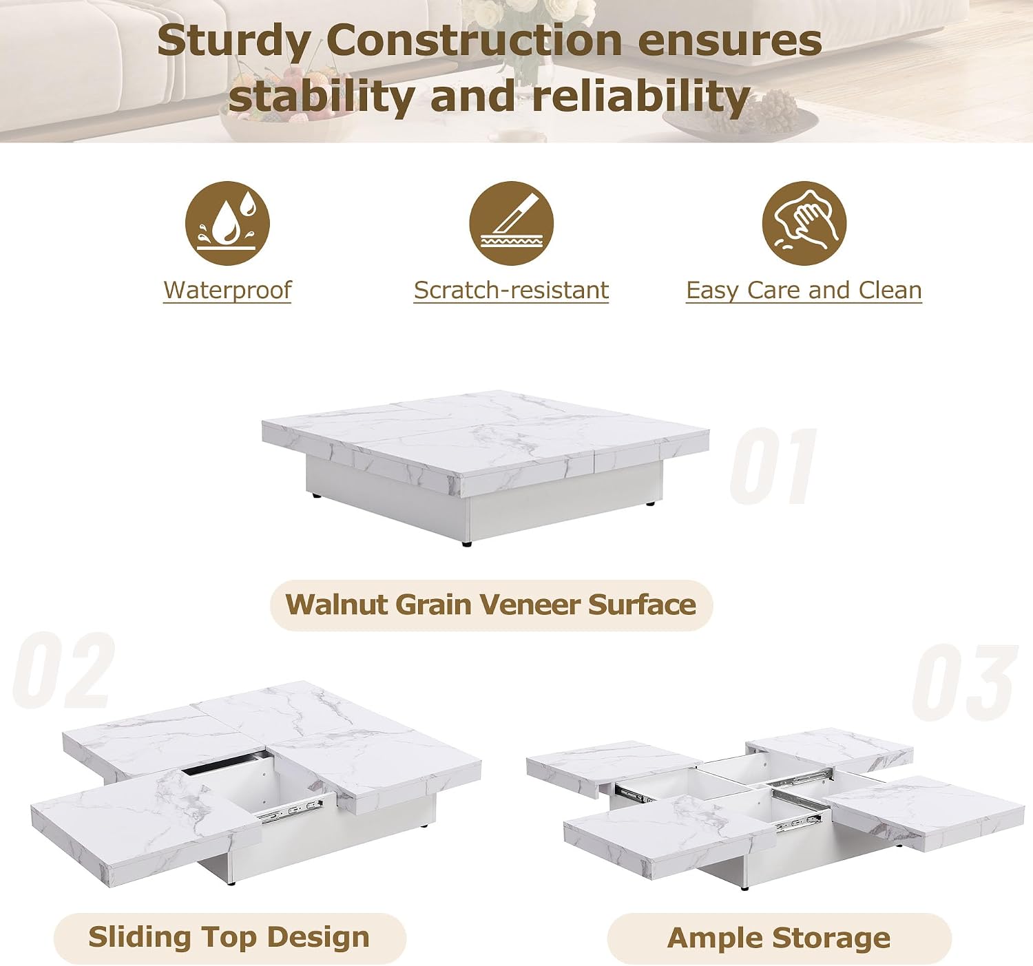 Merax Coffee Table, Modern Extendable Coffee Table with 4 Hidden Storage Compartments, UV High-Gloss Square Center Cocktail Table with Sliding Tabletop for Living Room, 39.4'x 39.4' (White)
