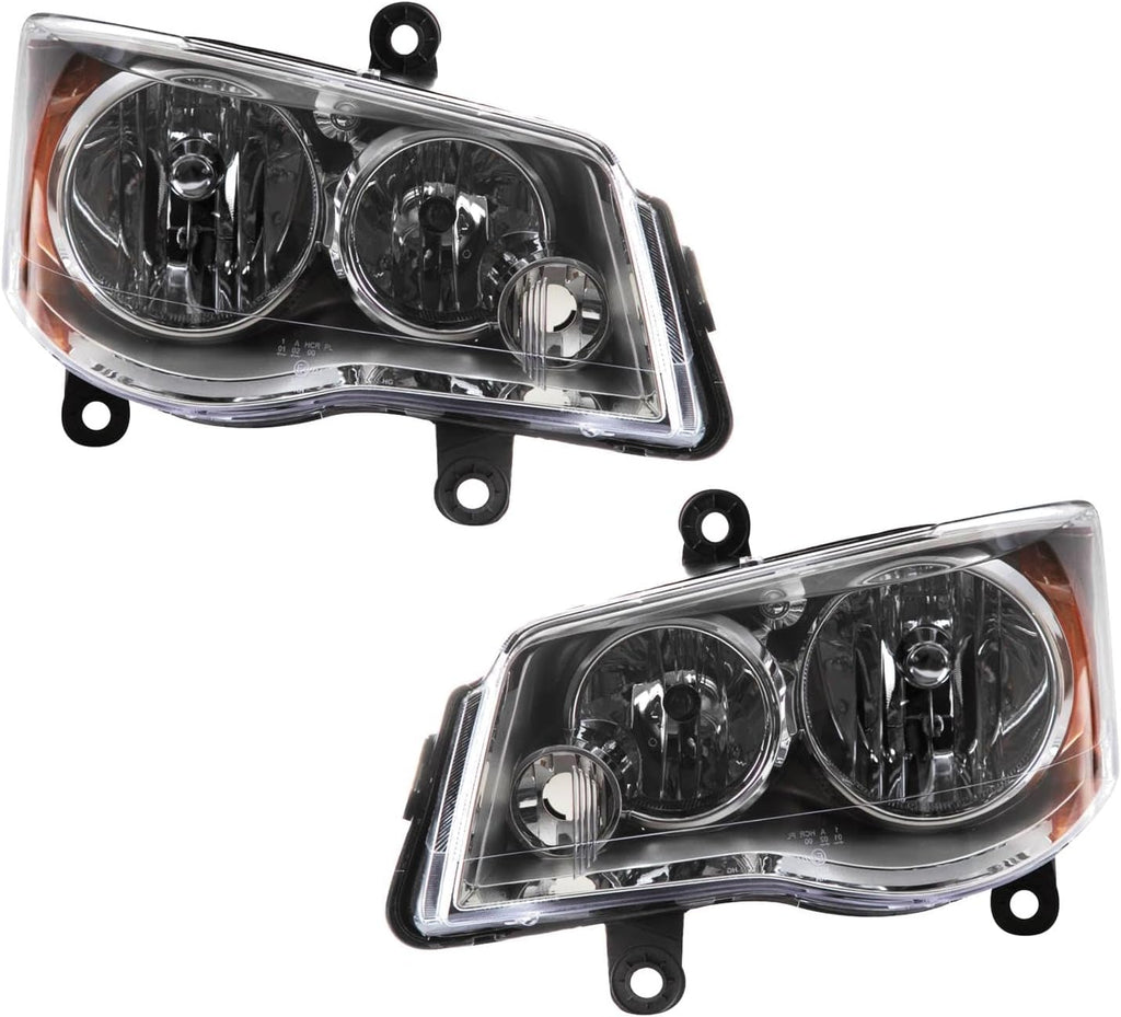 TRQ Driver and Passenger Side Headlight Assembly Set Compatible with 08-16 Chrysler Town and Country with Quad Headlights 11-20 Dodge Grand Caravan with Quad Headlights Halogen Only