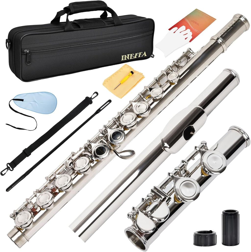 Professional Silver Plated C Flute for Beginners and All Levels, 16 Key Closed Hole with Ergonomic Design, Includes Carrying Case, Gloves, Cleaning Cloth, Tuning Rod, INEFFA