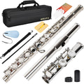 Professional Silver Plated C Flute for Beginners and All Levels, 16 Key Closed Hole with Ergonomic Design, Includes Carrying Case, Gloves, Cleaning Cloth, Tuning Rod, INEFFA