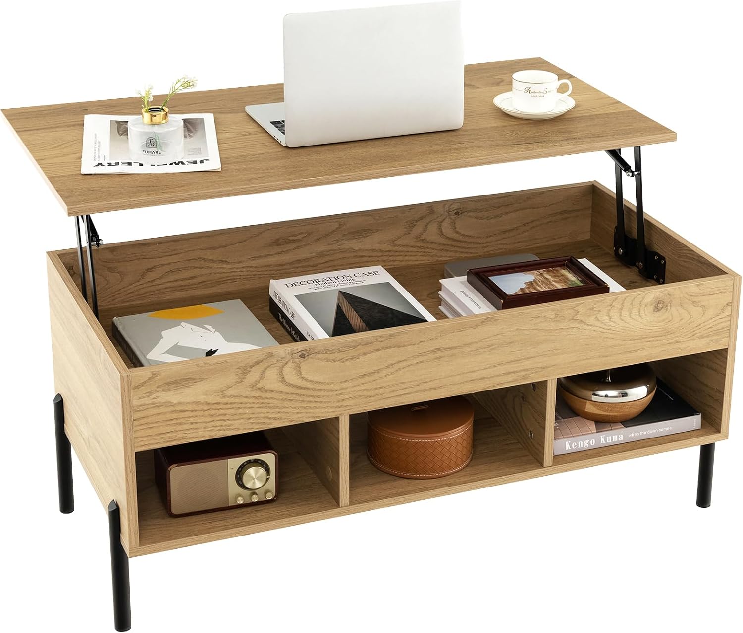 Giantex Lift Top Coffee Table - Rectangular Wooden Table w/Hidden Compartment & Open Storage Shelves, Multifunctional Modern Flip Top Center Table for Living Room, Reception Room, Office (Natural)