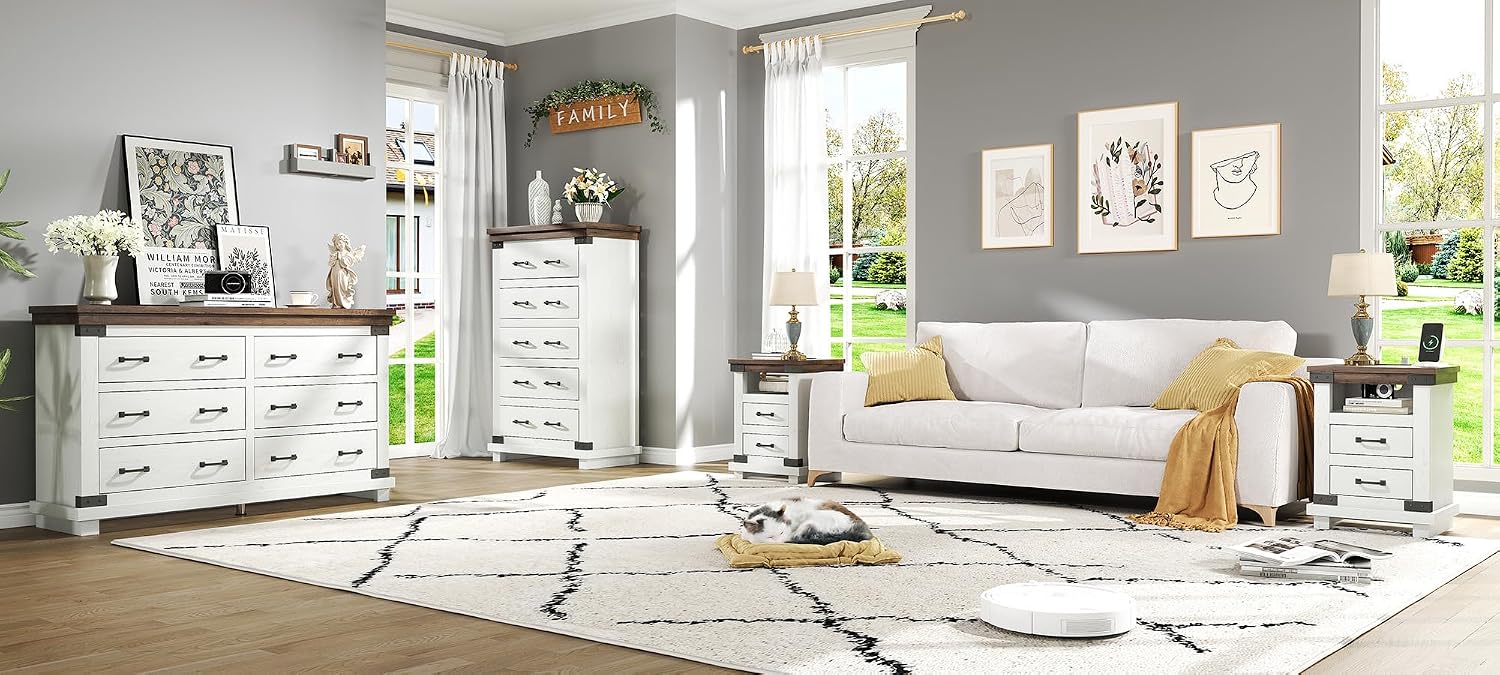 AMERLIFE Farmhouse End Table with Charging Station, 18' Wood Rustic Night Stand with 2 Storage Drawers, Heavy Duty Bedside Sofa Side End Tables for Bedroom, Living Room, Antique White