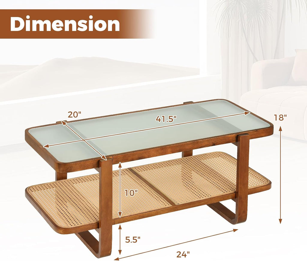 Giantex Rattan Coffee Table, 41.5' Farmhouse Center Table with Storage & Frosted Tempered Glass, Wood Boho Accent Cocktail Tea Table, Modern Living Room Table for Small Spaces, Walnut