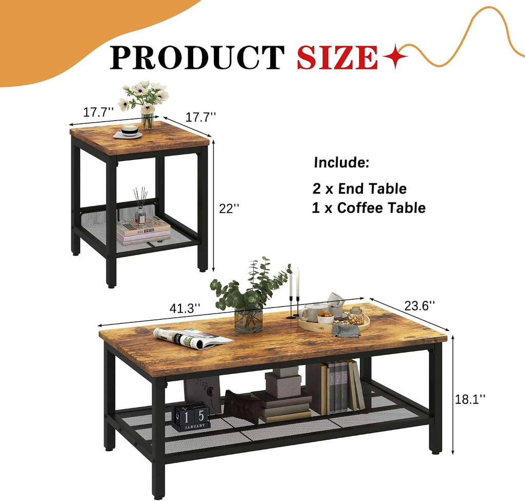 Lamerge 3 Pieces Living Room Table Set, Industrial Coffee Table with 2 Square End Side Tables, Coffee Table Set with Metal Frame for Apartment Home Office, Rustic Brown