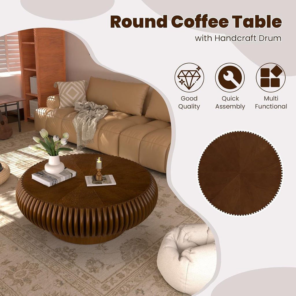 Round Drum Coffee Table for Living Room, Mid Century Modern Coffee Table with Sturdy Pedestal, Farmhouse Fluted Circle Center Table Accent Tea Table for Apartment (31.5' Walnut)