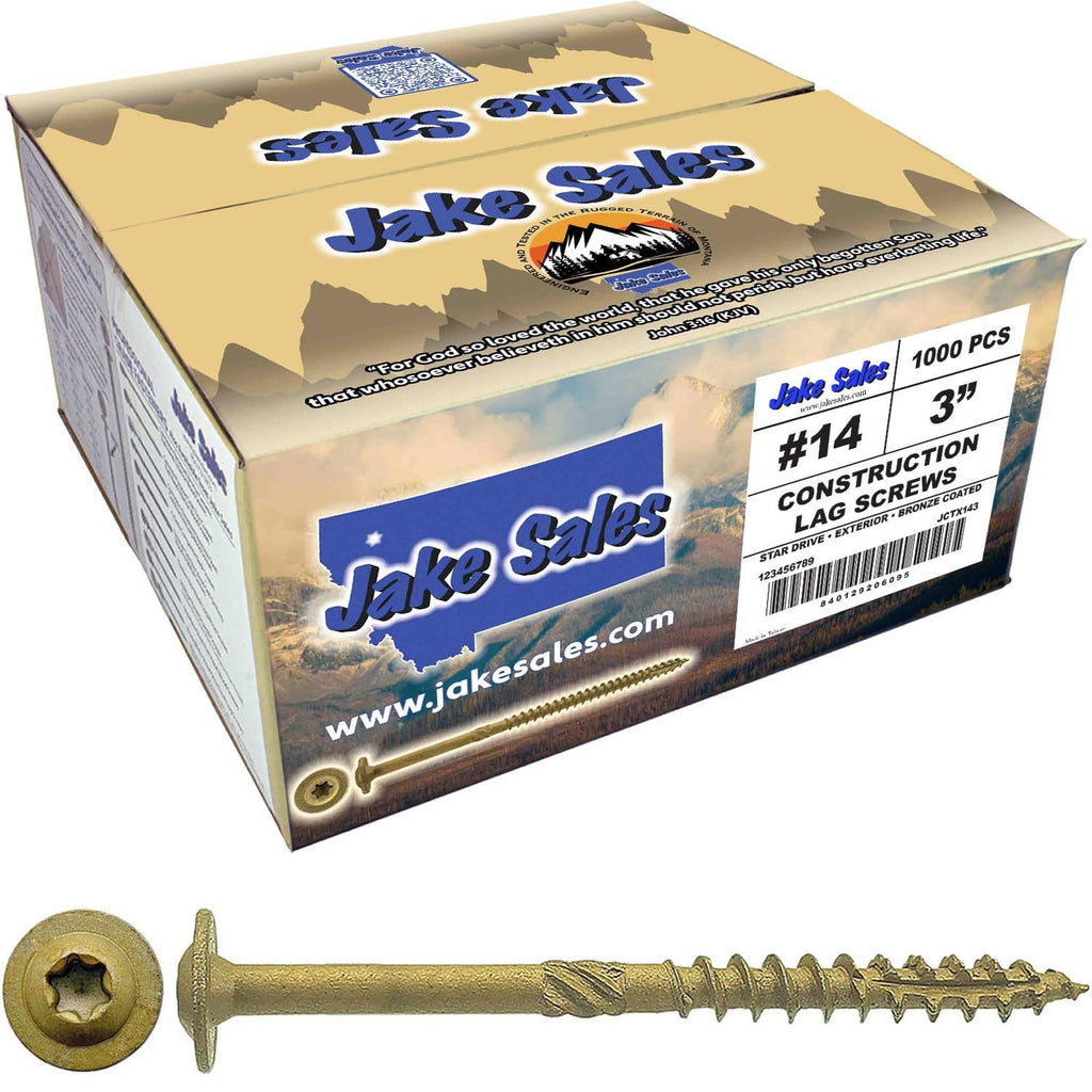 Jake Sales #14 x 3 Construction Lag Screw Exterior Coated Torx/Star Drive Heavy Duty Structural Lag Screw Far Superior to Common Lag Screws (Full Box - 1000 Screw Count) Modified Truss Washer Head
