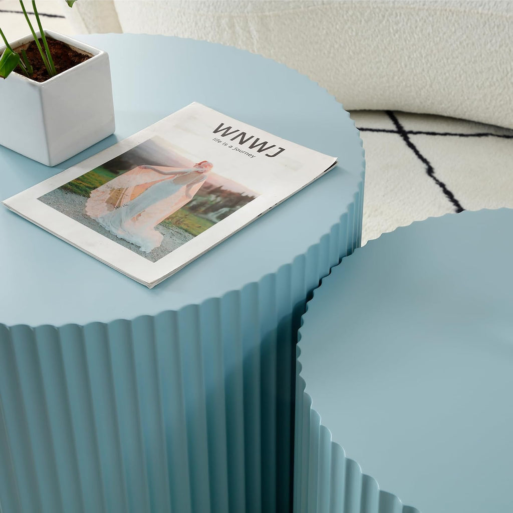 Nesting Coffee Table Set of 2, 23.6 inch Round Coffee Tables, MDF Nesting Tables with Roman Column Design, Modern Handcrafted Wooden Drum Accent Tables for Living Room - Light Blue
