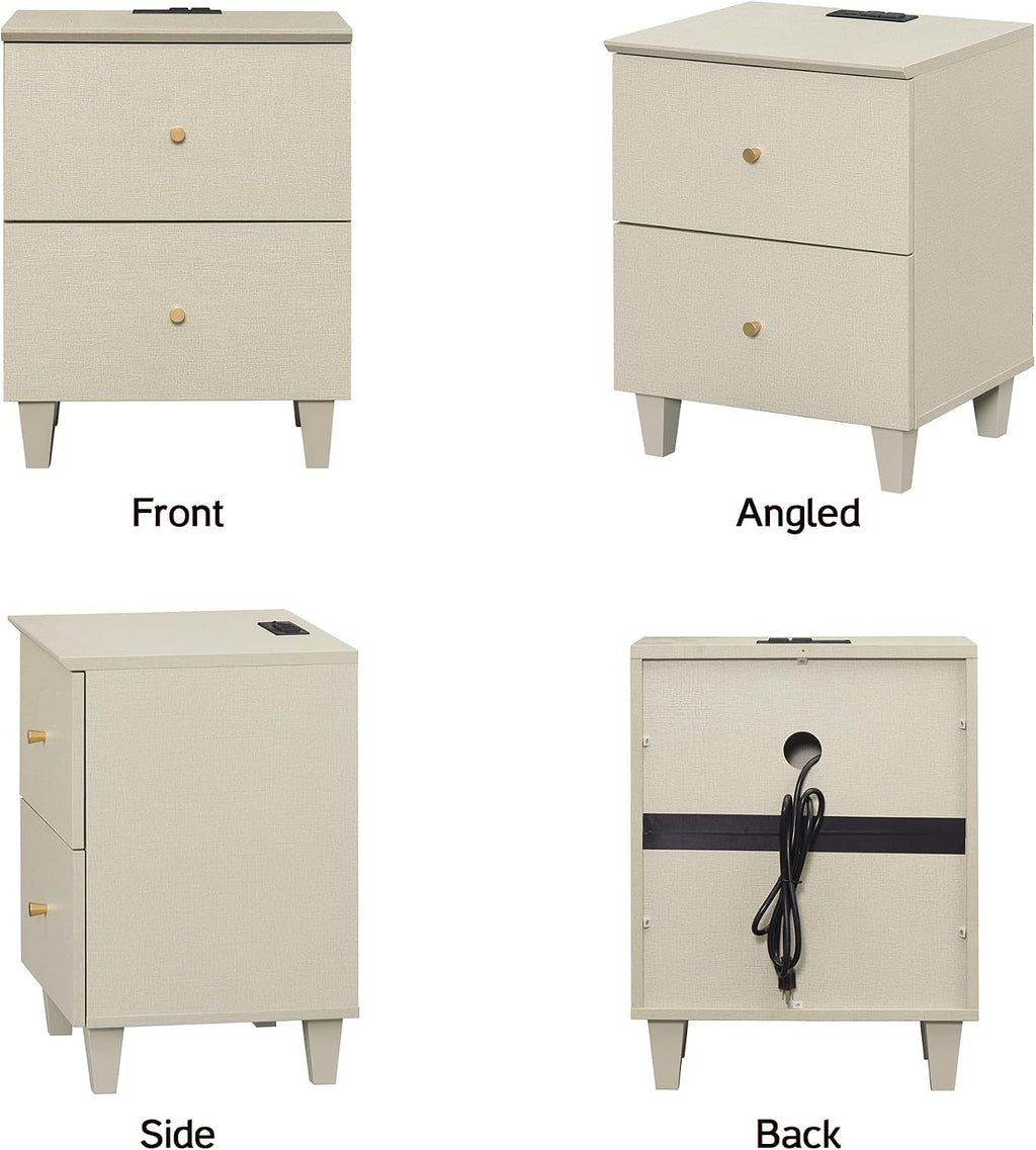 WAMPAT Set of 2 Nightstands with Charging Station&2 Drawers Storage, Modern End Tables Mid-Century Wood Bedside Tables with 2 AC Outlets & USB Ports for Living Room, Bedroom, Beige Faux Linen