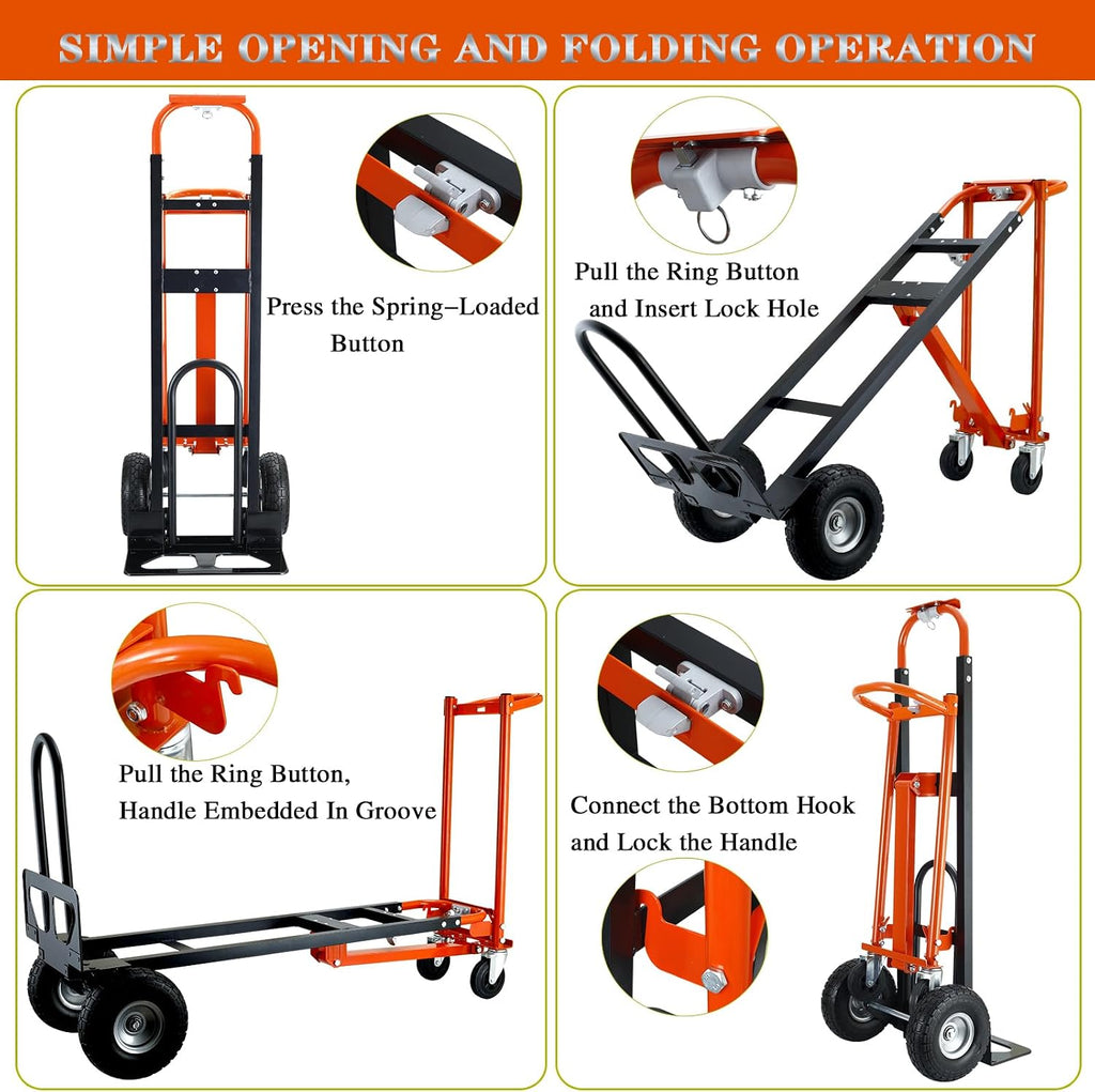 4 in 1 Convertible Hand Truck Dolly Cart,Industrial Hand Truck,1000 Lbs Capacity Hand Trucks Heavy Duty Dolly cart with PU Wheels and Cargo Straps for Moving (Orange)