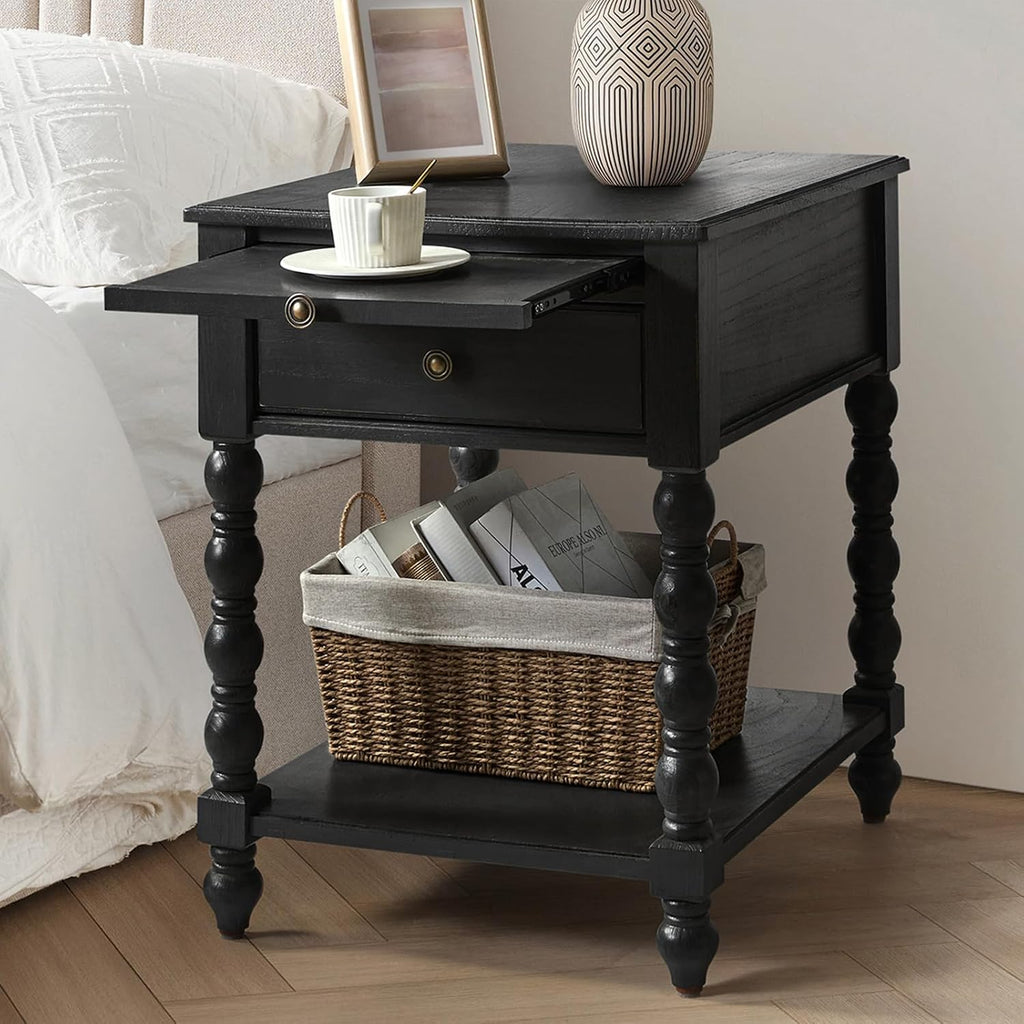 HULALA HOME Spindle Nightstands with Charging Station, Solid Wood Nightstand with Drawer Shelf, Side Table with Pull-Out Shelf (1, Charcoal)