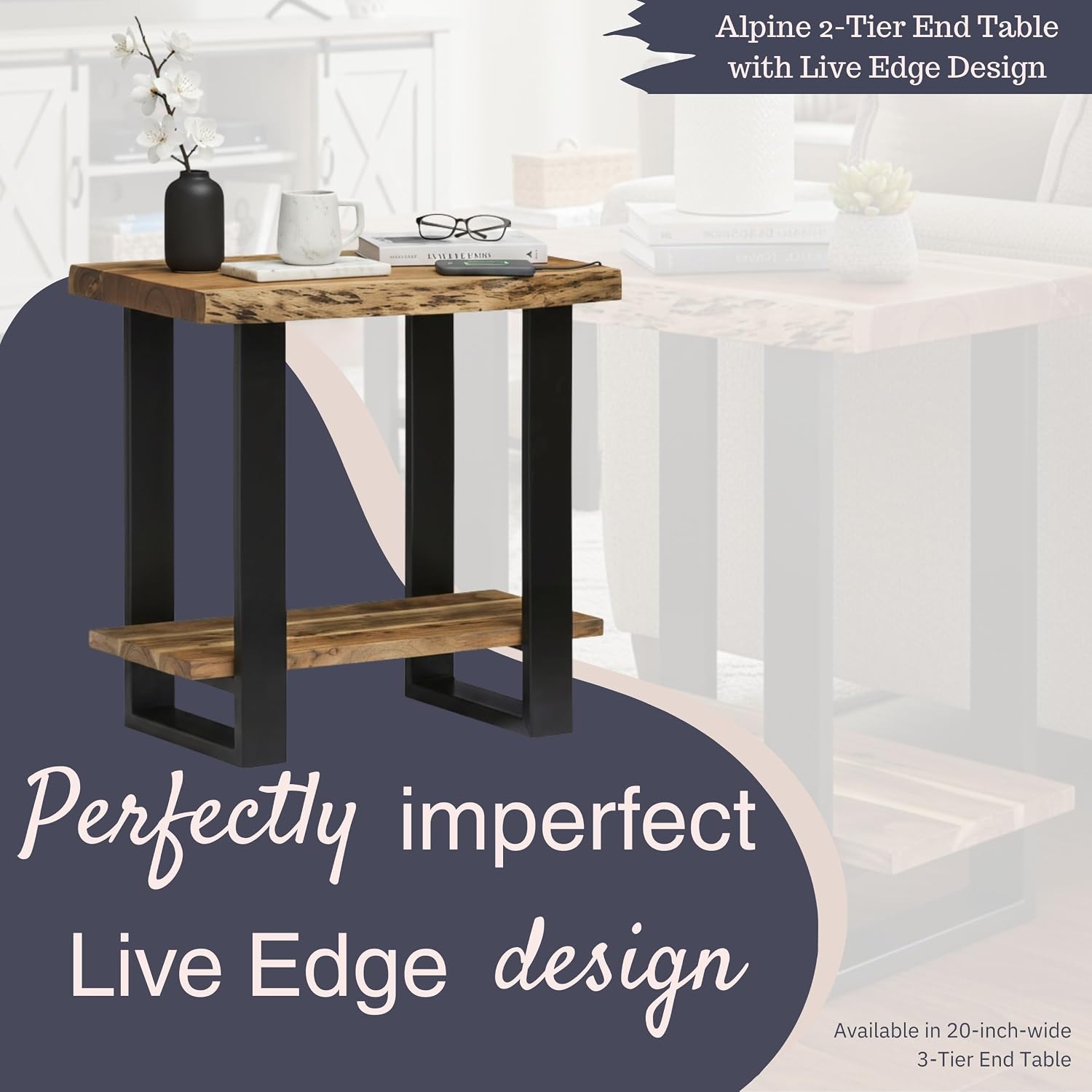 Alaterre Furniture Alpine Live Edge Modern End Table - 2-Tier Narrow Side Table with Open Storage Shelf - Solid Wood and Metal Modern Nightstands for Living Room or Bedroom (Natural)