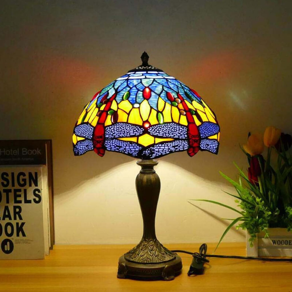12 Inch Dragonfly Stained Glass Lamp Shade, Tiffany Style Lampshades Replacement, Handmade Vintage Lamp Cover Accessories Only for Table lamp Pendant Light Ceiling Fixture,Yellow