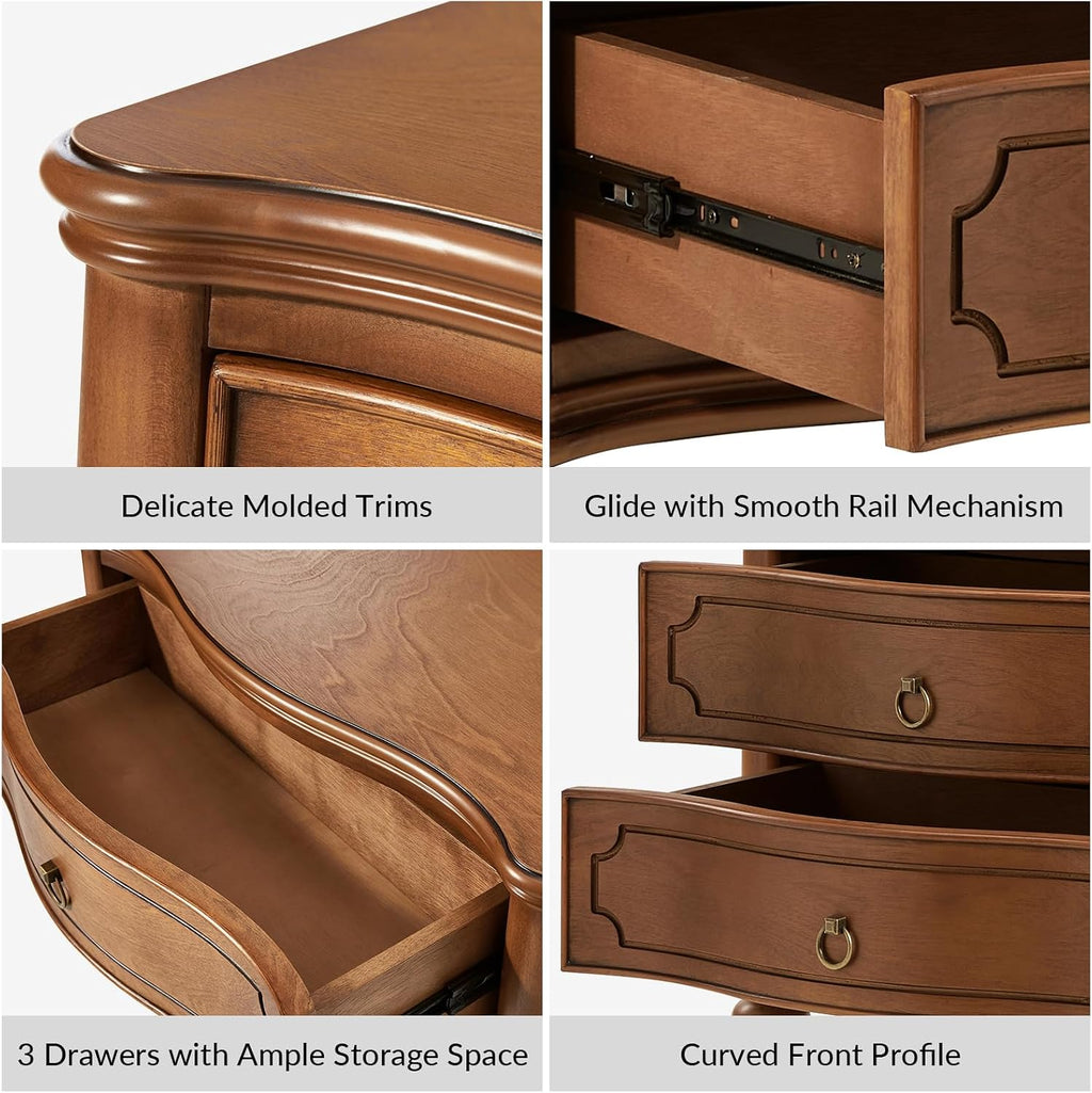 HULALA HOME Traditional Side Table with 3 Drawers, Tall Side Table with Curved Front Profle Desgin, Charging Station, Solid Wood Legs, Walnut