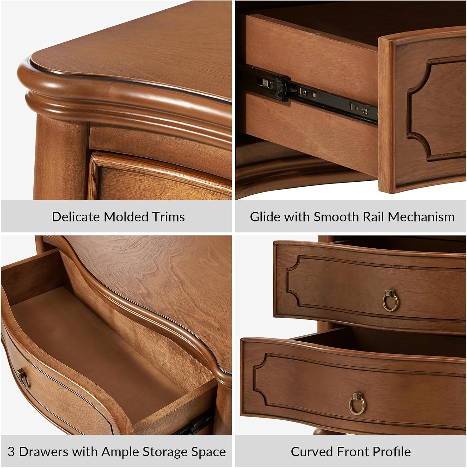 HULALA HOME Traditional Side Table with 3 Drawers, Tall Side Table with Curved Front Profle Desgin, Charging Station, Solid Wood Legs, Walnut
