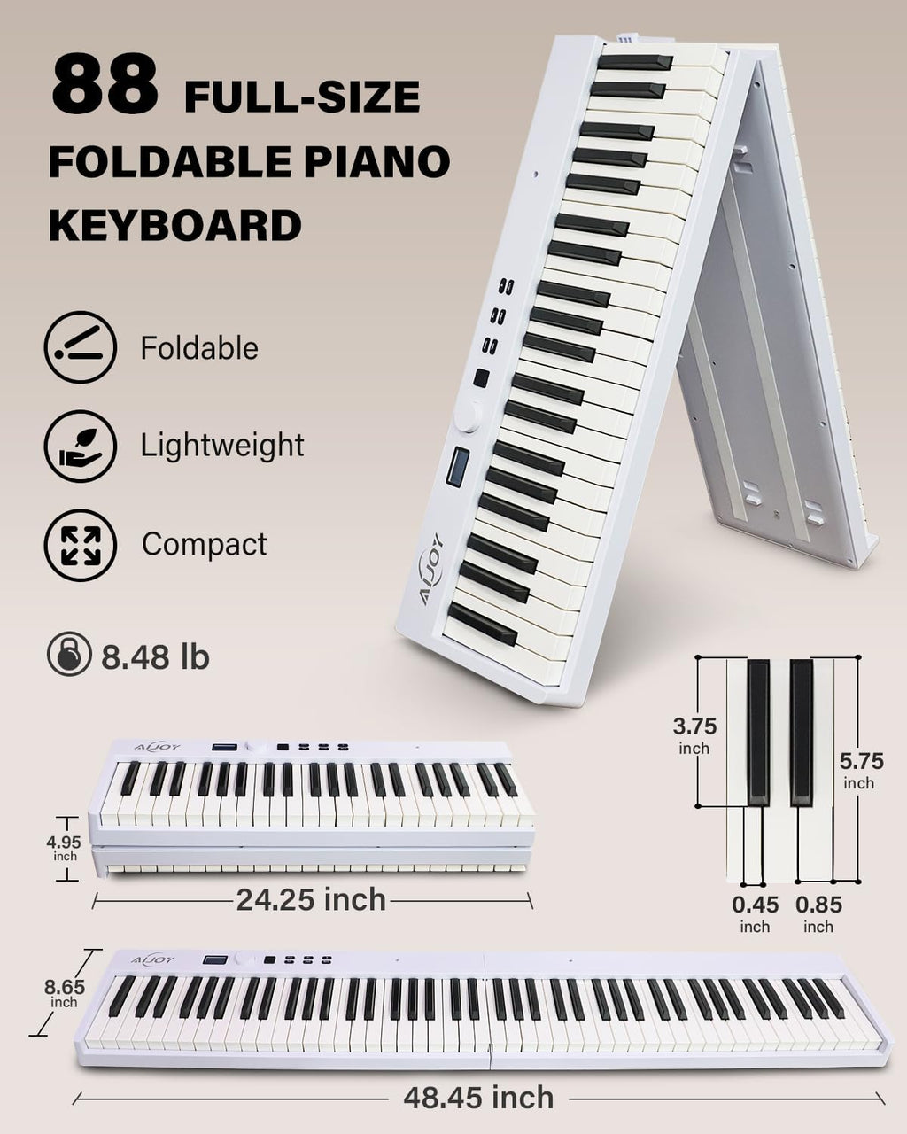 AiJoy 88-Key Piano Keyboard with Semi-Weighted Keys Portable Folding Piano, 128 Tones, Speakers, USB-MIDI, Carry-Bag, Sustain Pedal, Stand Electric Keyboard Piano for Beginners, White