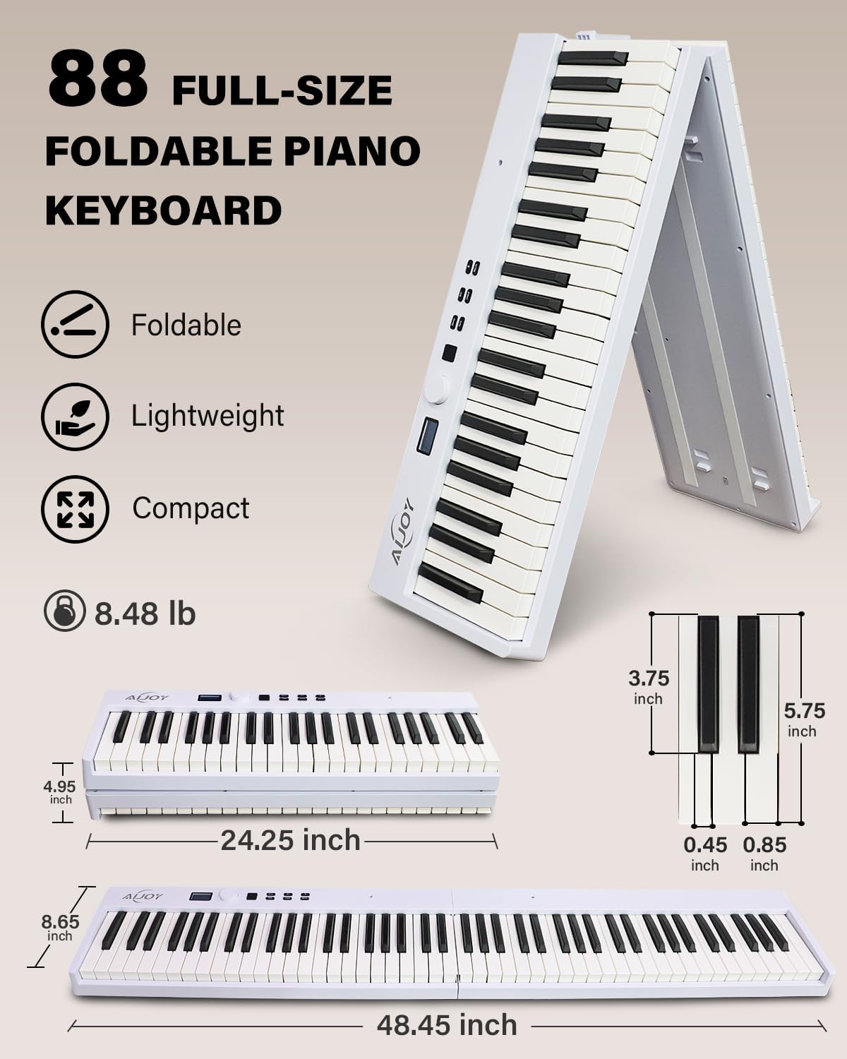 AiJoy 88-Key Piano Keyboard with Semi-Weighted Keys Portable Folding Piano, 128 Tones, Speakers, USB-MIDI, Carry-Bag, Sustain Pedal, Stand Electric Keyboard Piano for Beginners, White