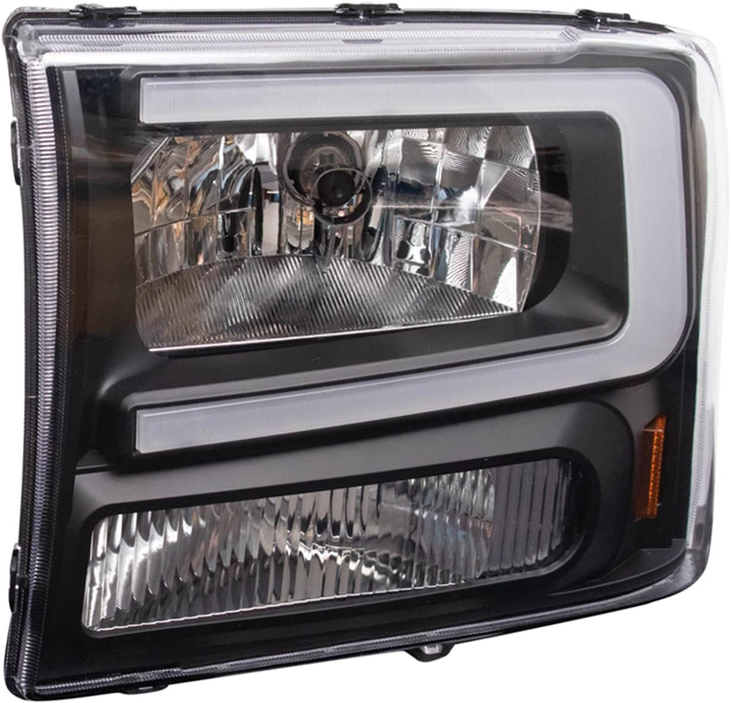 TRQ 2 Piece Headlight Assembly Set Performance Halogen LED C Light Bar Black Bezel Driver & Passenger Side Compatible with Ford Excursion 2000-2004 F250 F350 Super Duty 1999-2004 FO2502147 FO2503147