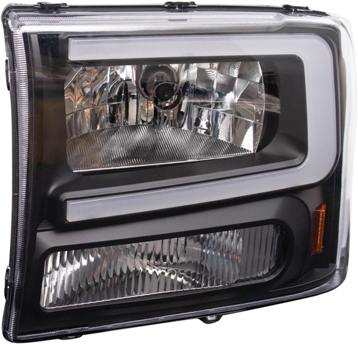 TRQ 2 Piece Headlight Assembly Set Performance Halogen LED C Light Bar Black Bezel Driver & Passenger Side Compatible with Ford Excursion 2000-2004 F250 F350 Super Duty 1999-2004 FO2502147 FO2503147