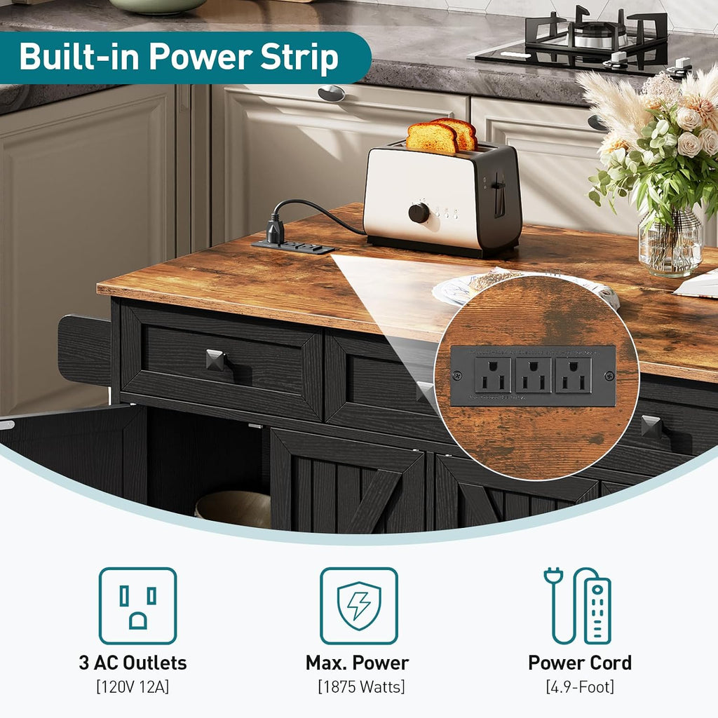 RALGEND Kitchen Island with Drop Leaf & Power Outlet, Rolling Kitchen Island Cart On Wheels, Barn Door Kitchen Island Table with Storage, Island Table for Kitchen, Black and Rustic Brown