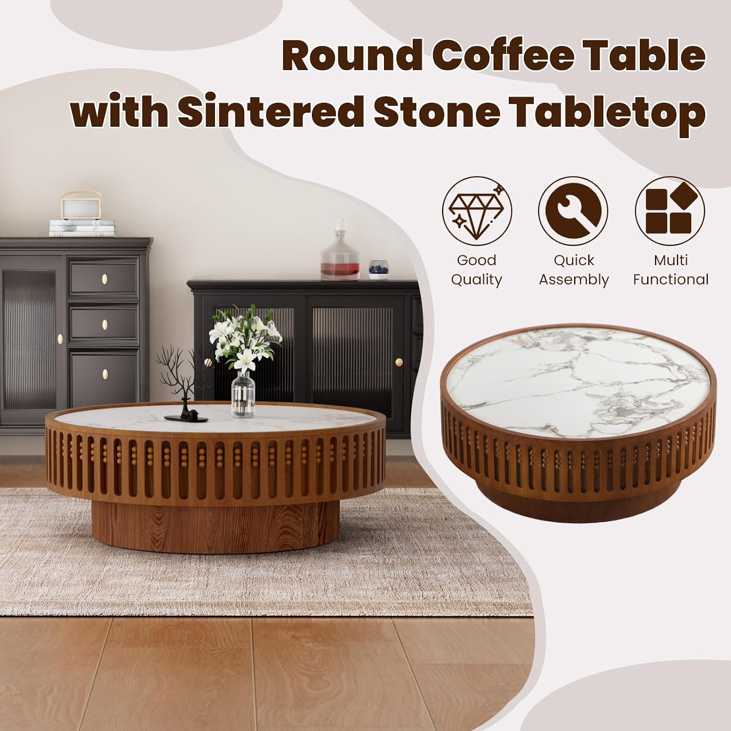 Round Wooden Coffee Table with Sintered Stone Tabletop 35.43' Modern Drum Coffee Table Unique Fluted Center Table for Living Room Office Cafe (35.4' Sintered Stone Tabletop)