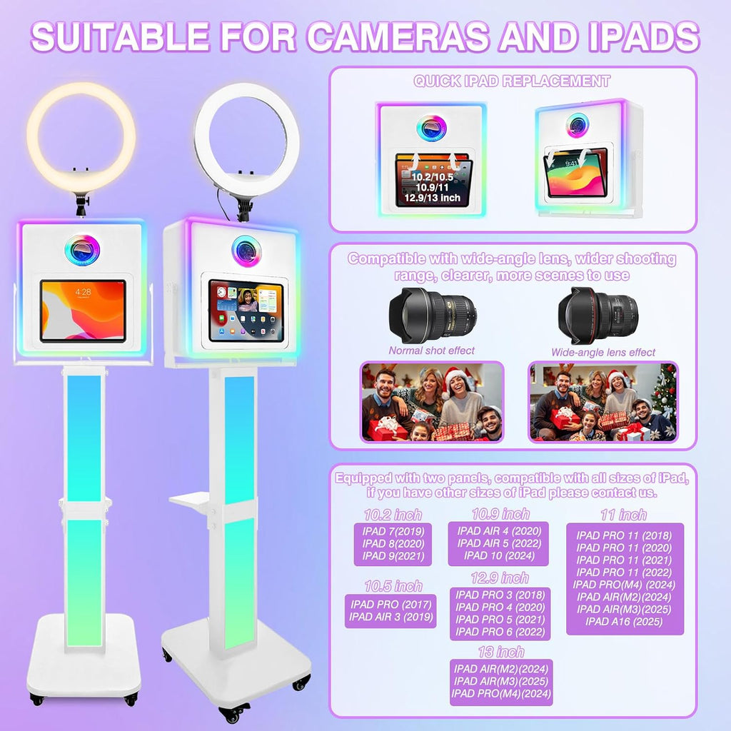 RDYMONKEY Photo Booth for All iPad and for Camera Dualuse Customized Logo Selfie Station Shell Stand APP Control RGB Ring Light Music Sync Light Box Photobooth Machine with Honeycomb Box for Rental