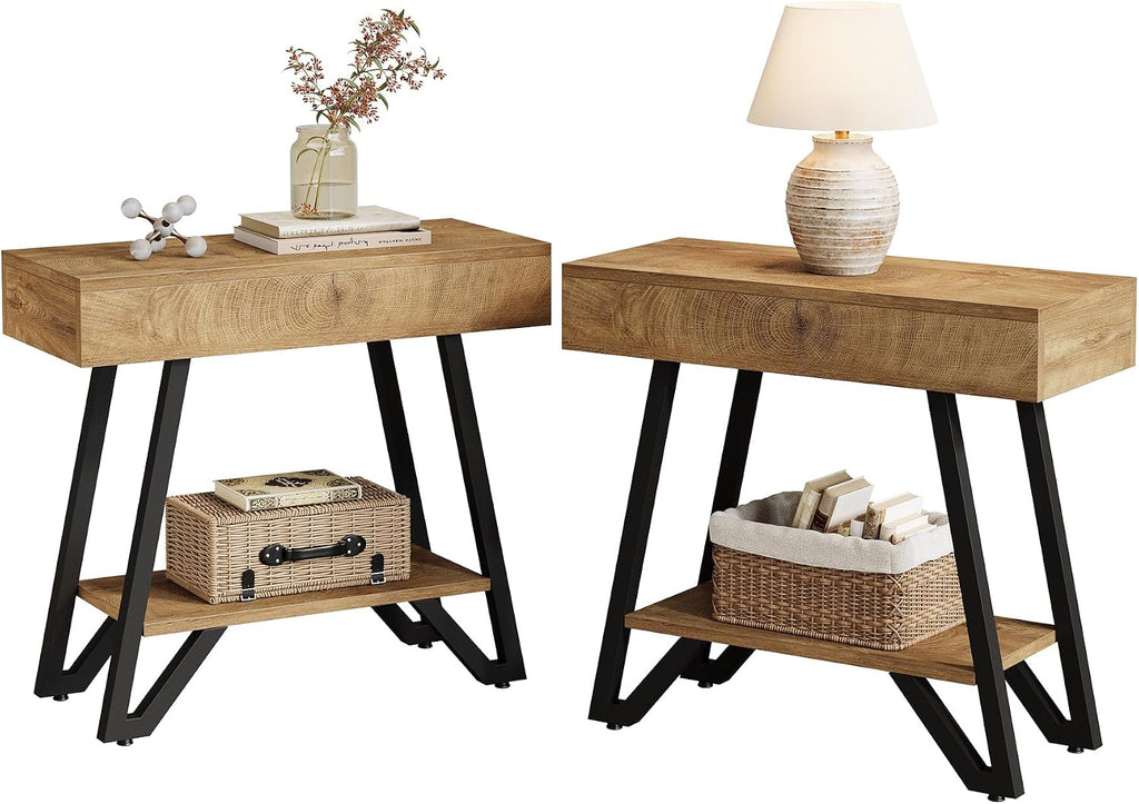 Tribesigns Metal End Side Table for Living Room, 2-Tier Narrow Couch Side Table with Storage Shelves, Small Bedside Nightstand for Bedroom, Small Spaces, Natural(Set of 2)