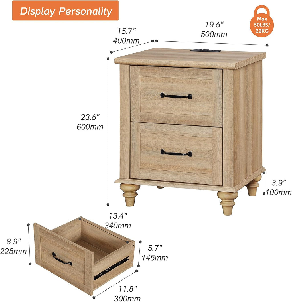WAMPAT End Table Nightstand with Charging Station, Farmhouse Side Table for Living Room with 2 Drawers, Natural Wood Night Stand Bedside Table for Bedroom, Oak